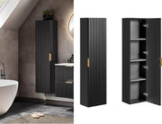 Luxury Wall Hung Tall Bathroom Cabinet Ribbed Black Gold