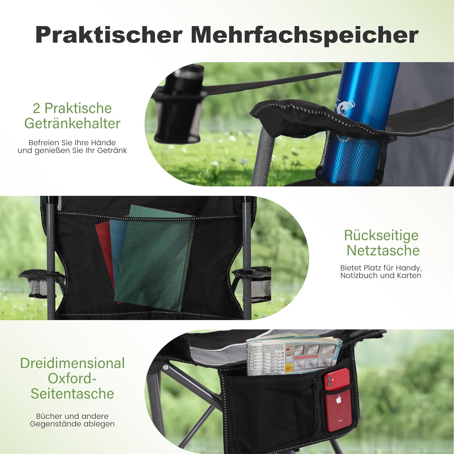 XL Folding Camping Chair Heavy Duty 160KG Black