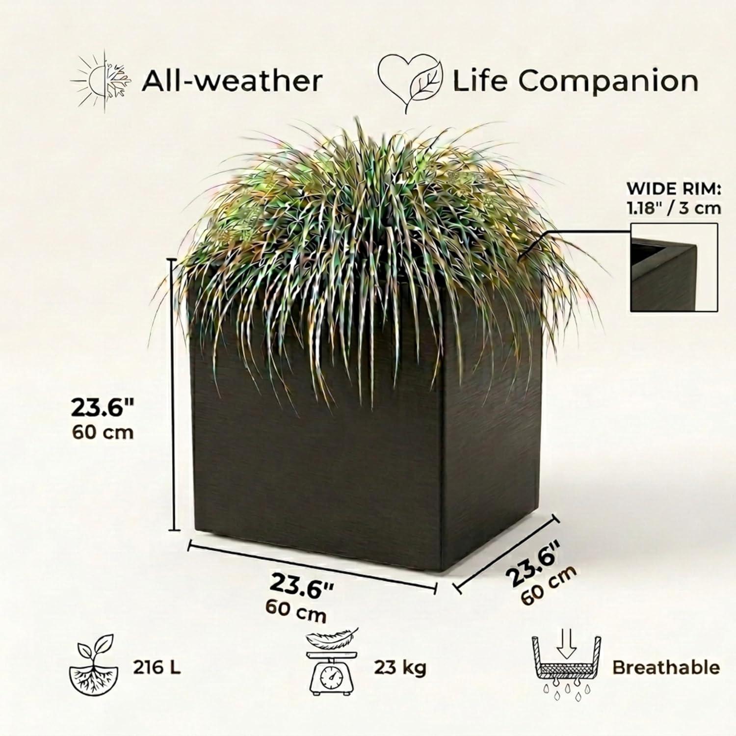 60cm Large Square Planter Black Stone Effect Tree Pot Drainage