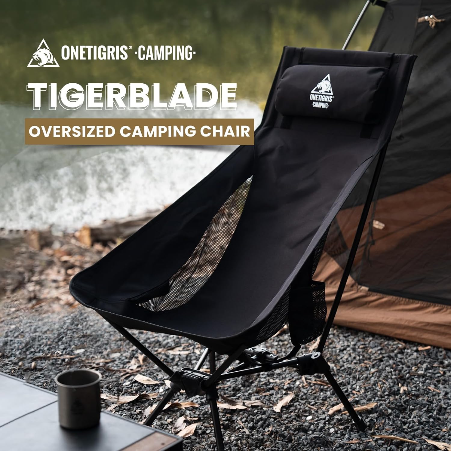 High Back Camping Chair with Pillow 150kg Black
