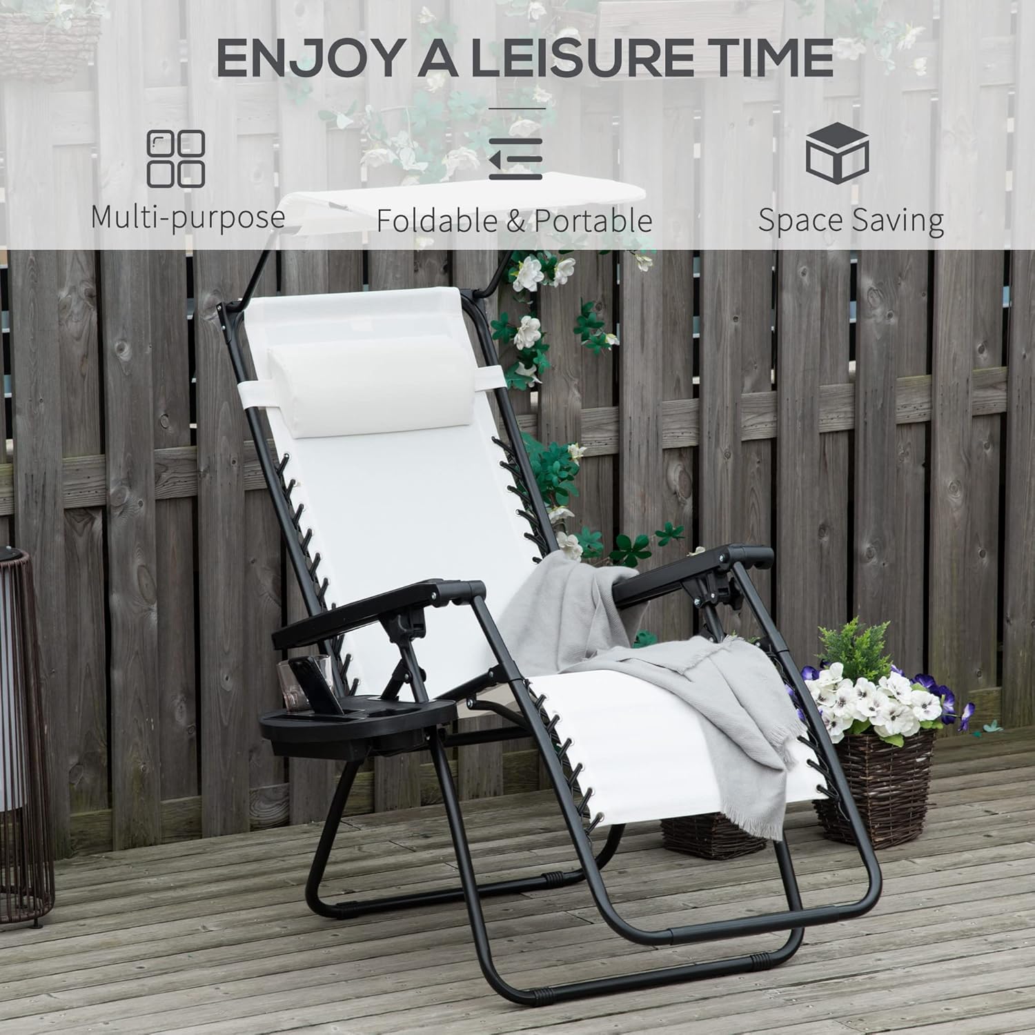 Zero Gravity Sun Lounger Chair Foldable with Canopy White