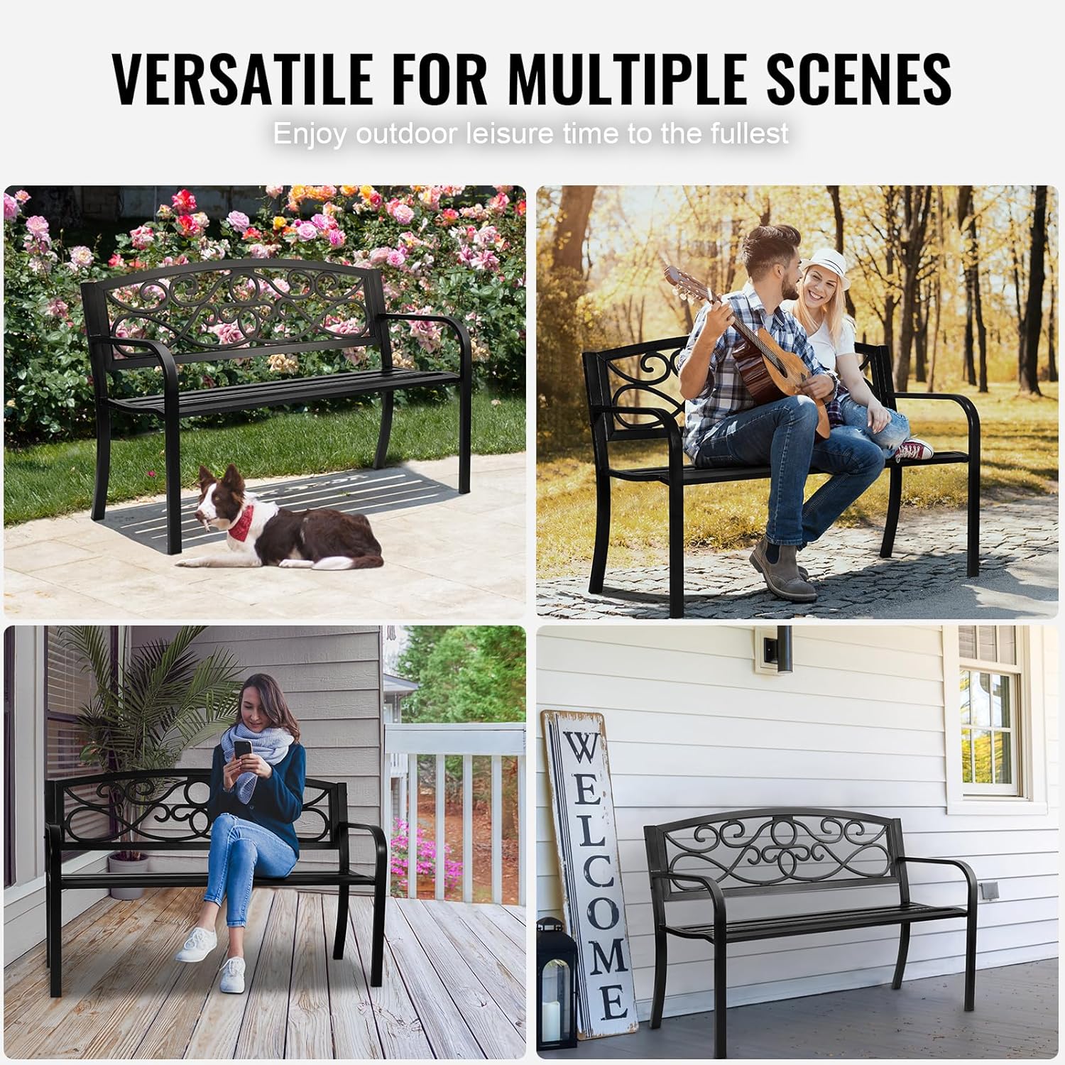 Metal Garden Bench 50in Outdoor Patio Seat with Backrest Armrests