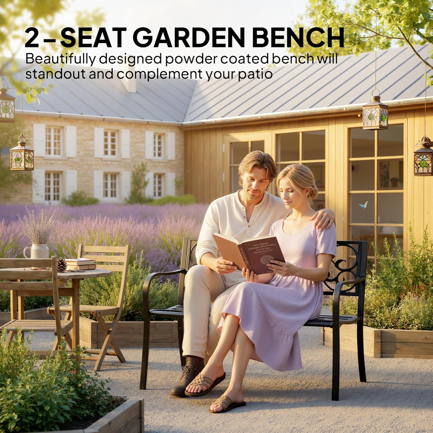 2 Seater Metal Garden Bench Floral Backrest Patio Park Seat
