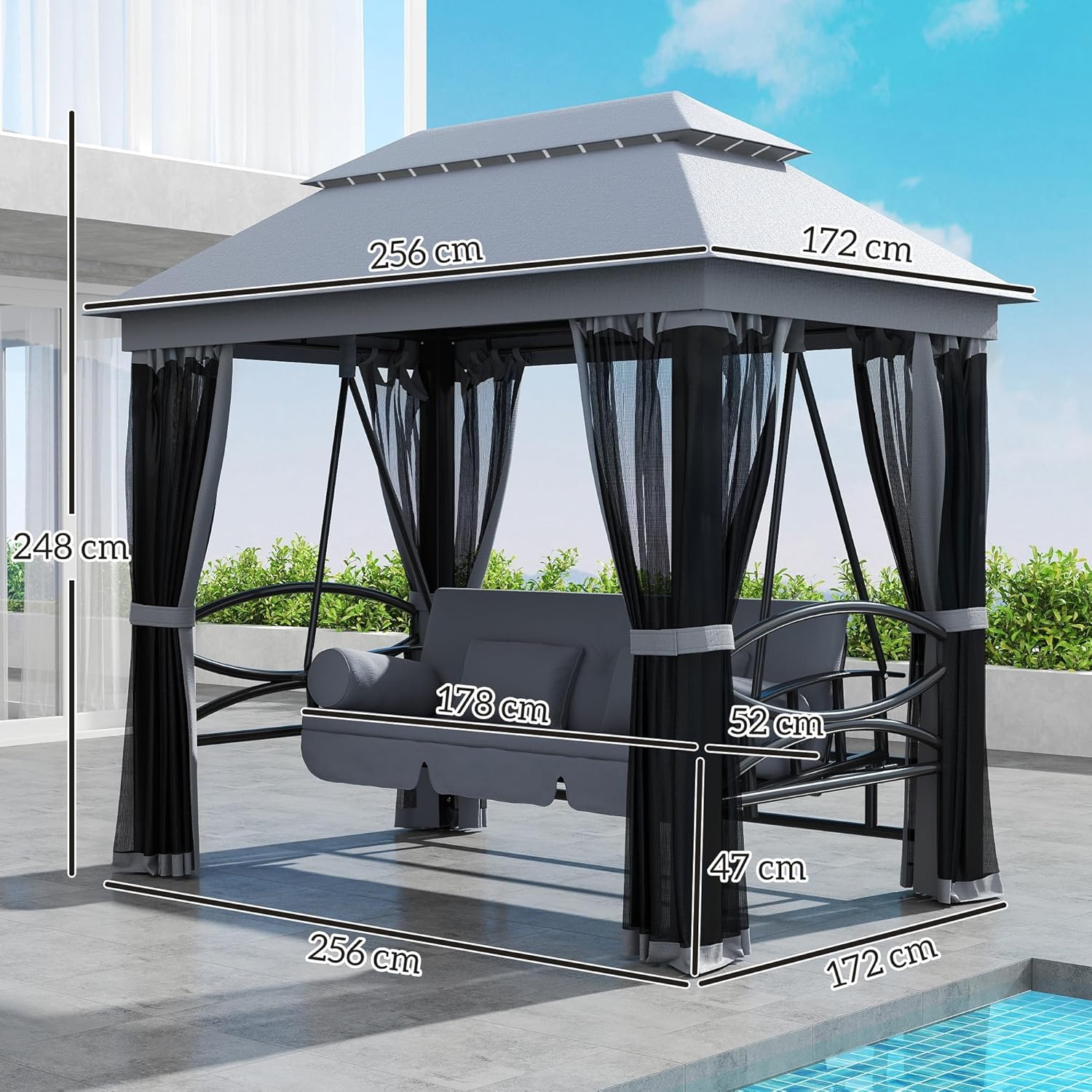 3 Seater Convertible Swing Chair Bed Gazebo Grey