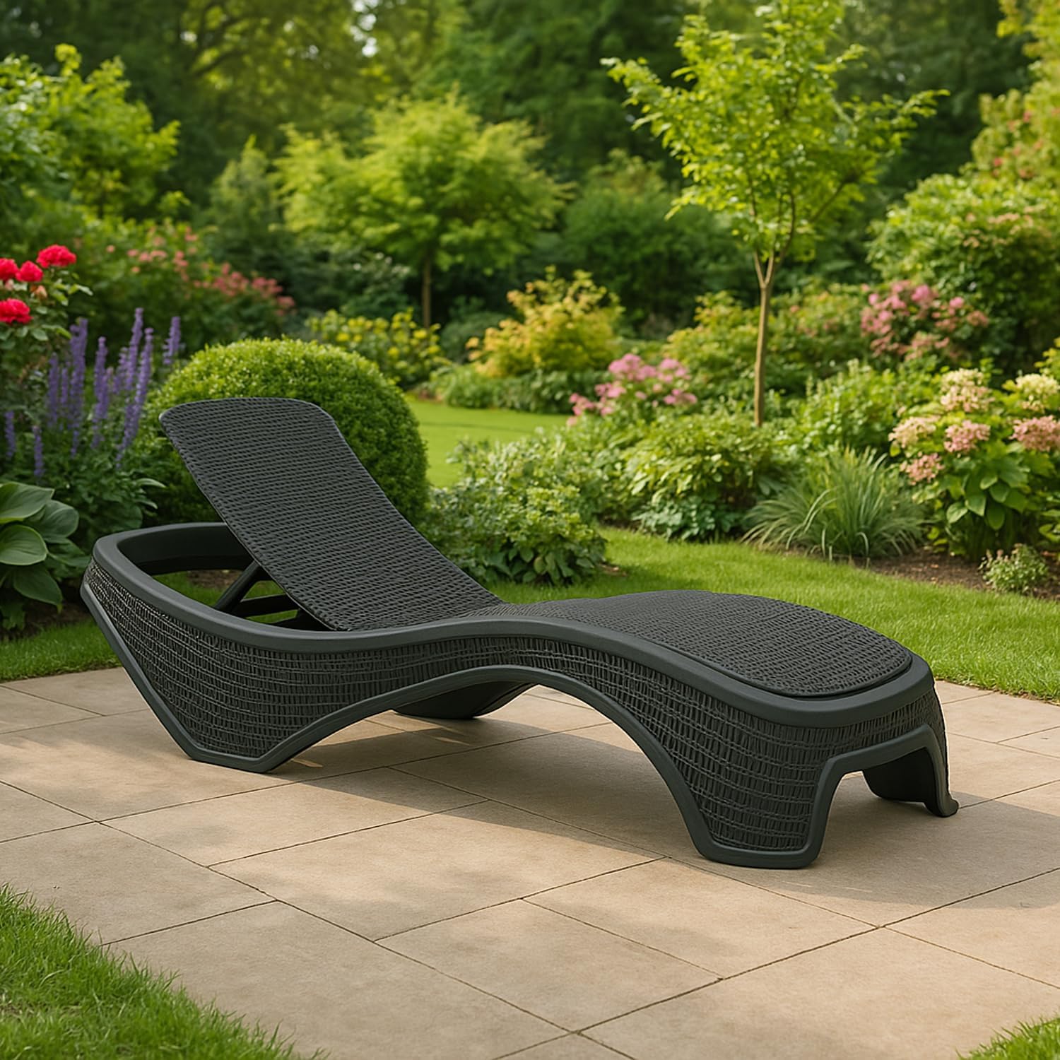 Luxury Rattan Style Sun Lounger 5 Position Black