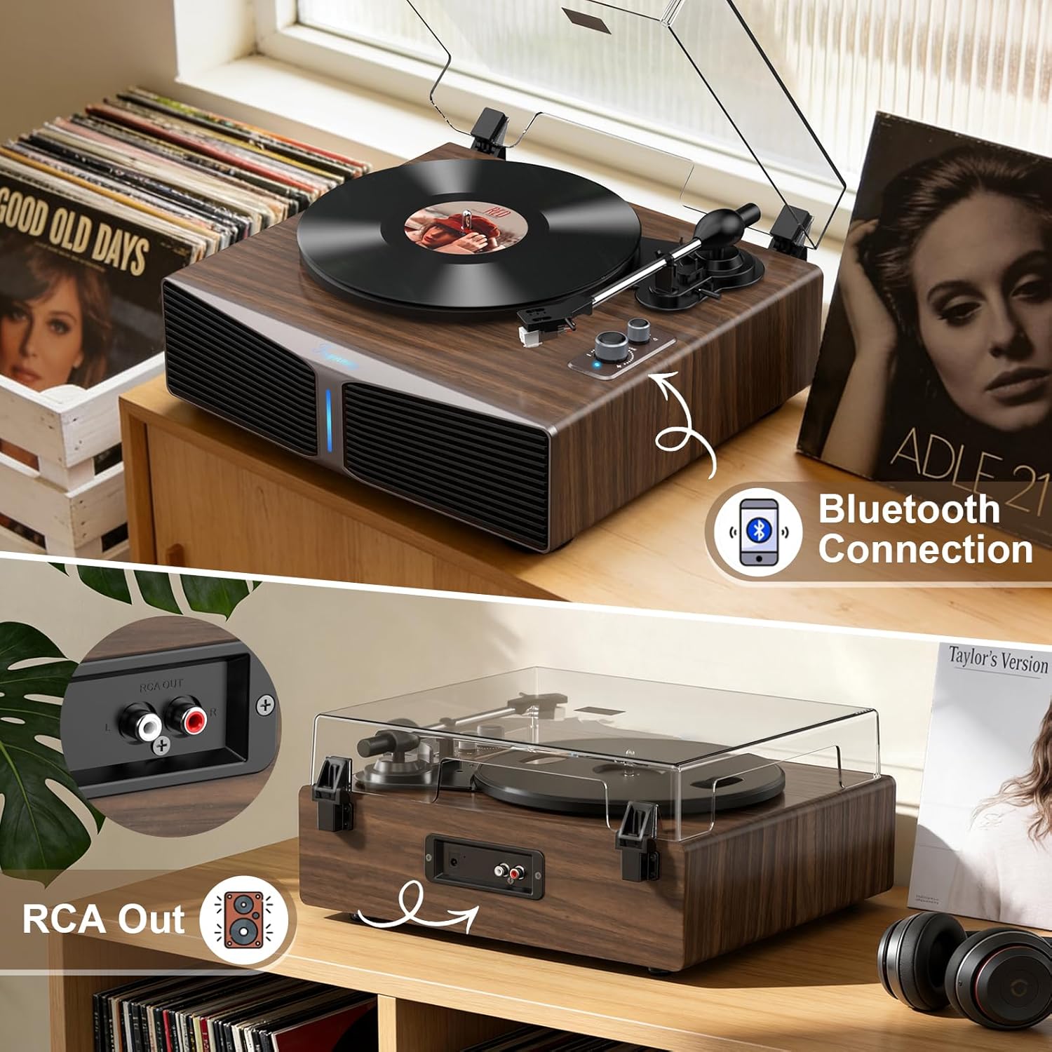 Bluetooth Turntable with Speakers, AT-3600L Cartridge, 33/45 RPM Walnut