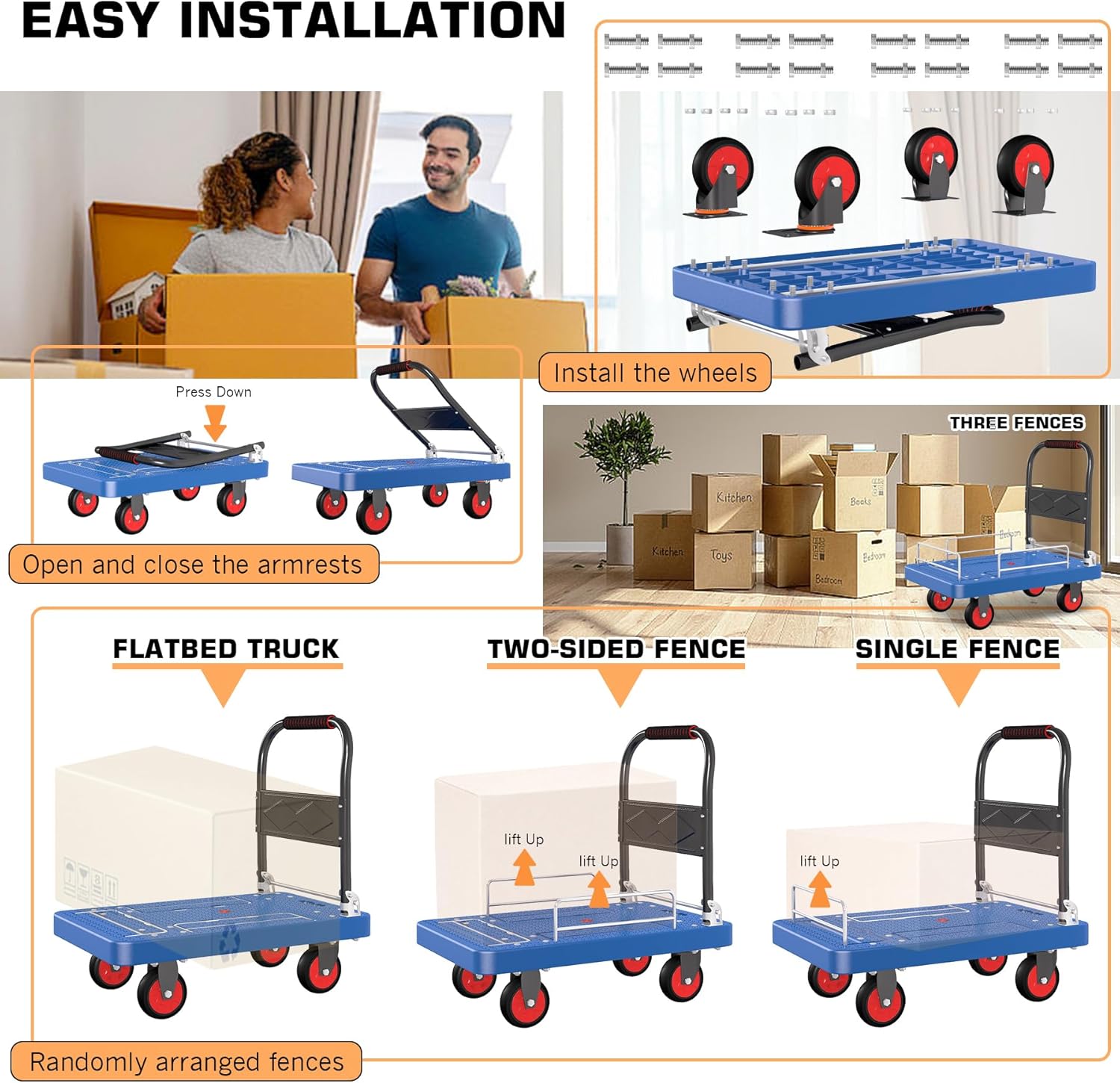 1100LB Foldable Platform Truck Cart with 3 Fence Dolly