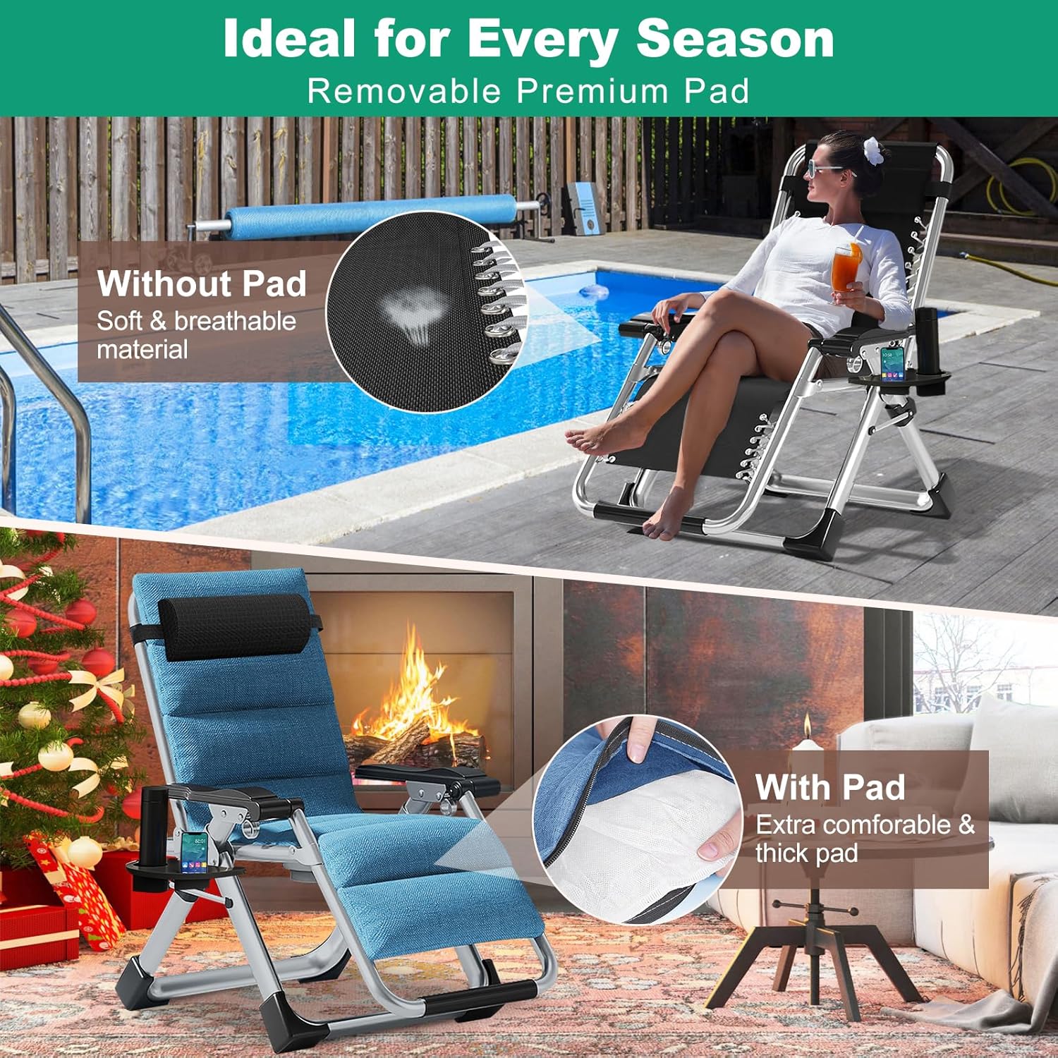 Zero Gravity Folding Sun Lounger Garden Recliner Chair Cushion Blue