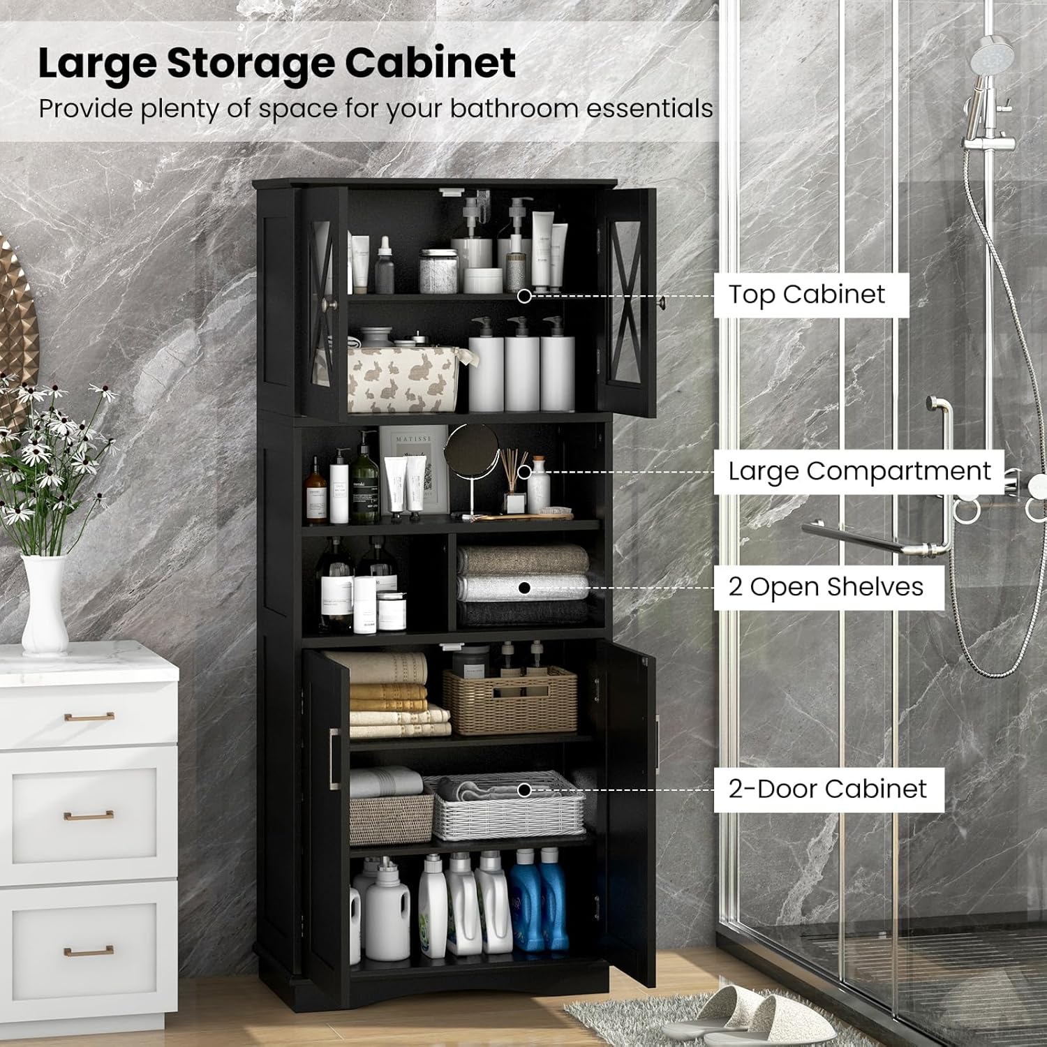 Black Tallboy Bathroom Cabinet 4 Door Shelf Storage Unit