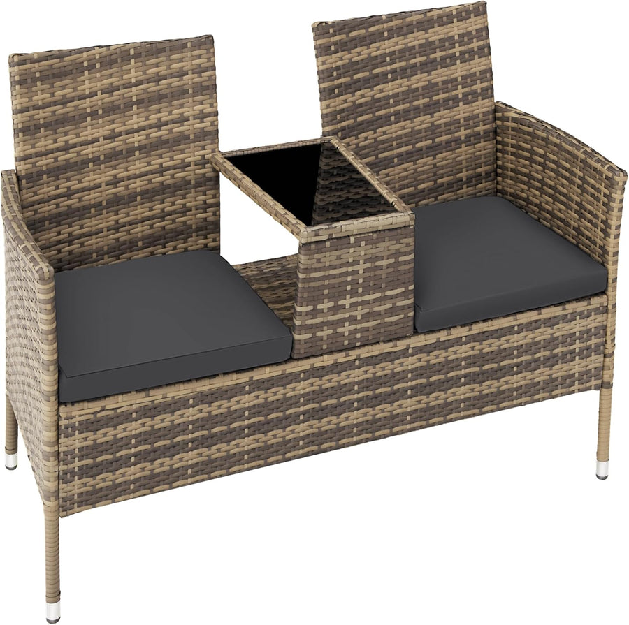 2 Seater Rattan Garden Bench with Table Patio Bistro Love Seat