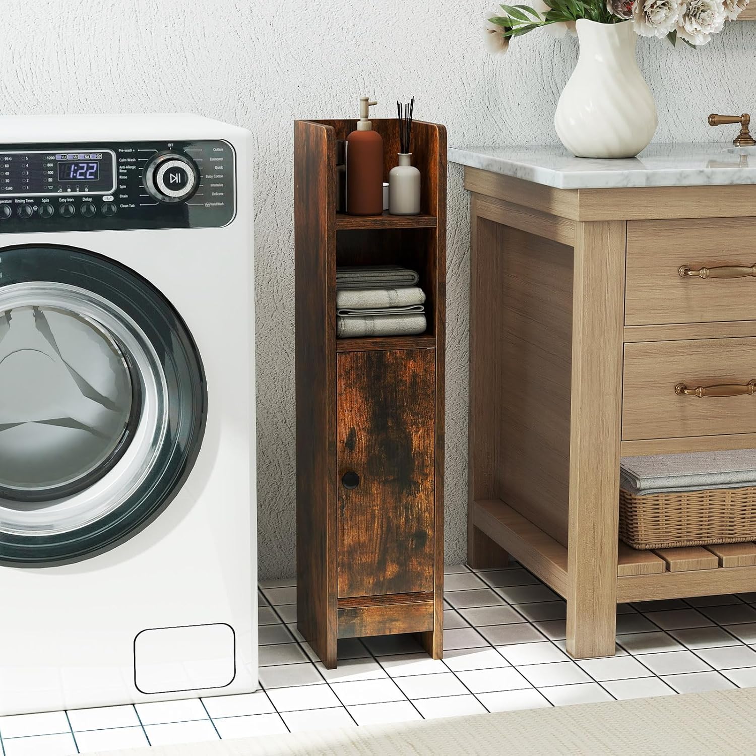 Slim Bathroom Floor Cabinet Toilet Paper Storage Rustic Brown