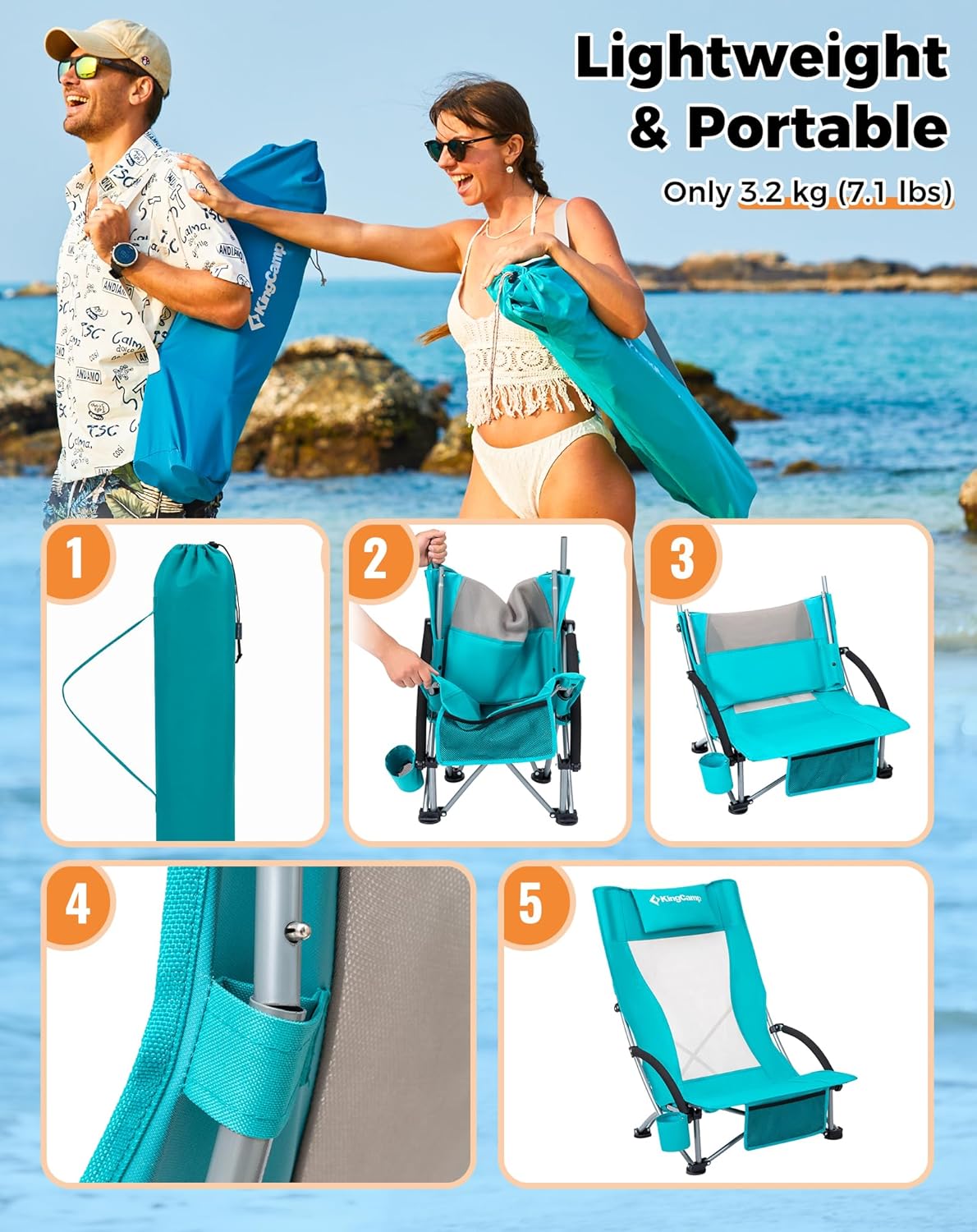 Low Folding Beach Chair Heavy Duty Portable Mesh Camping Chair Cyan