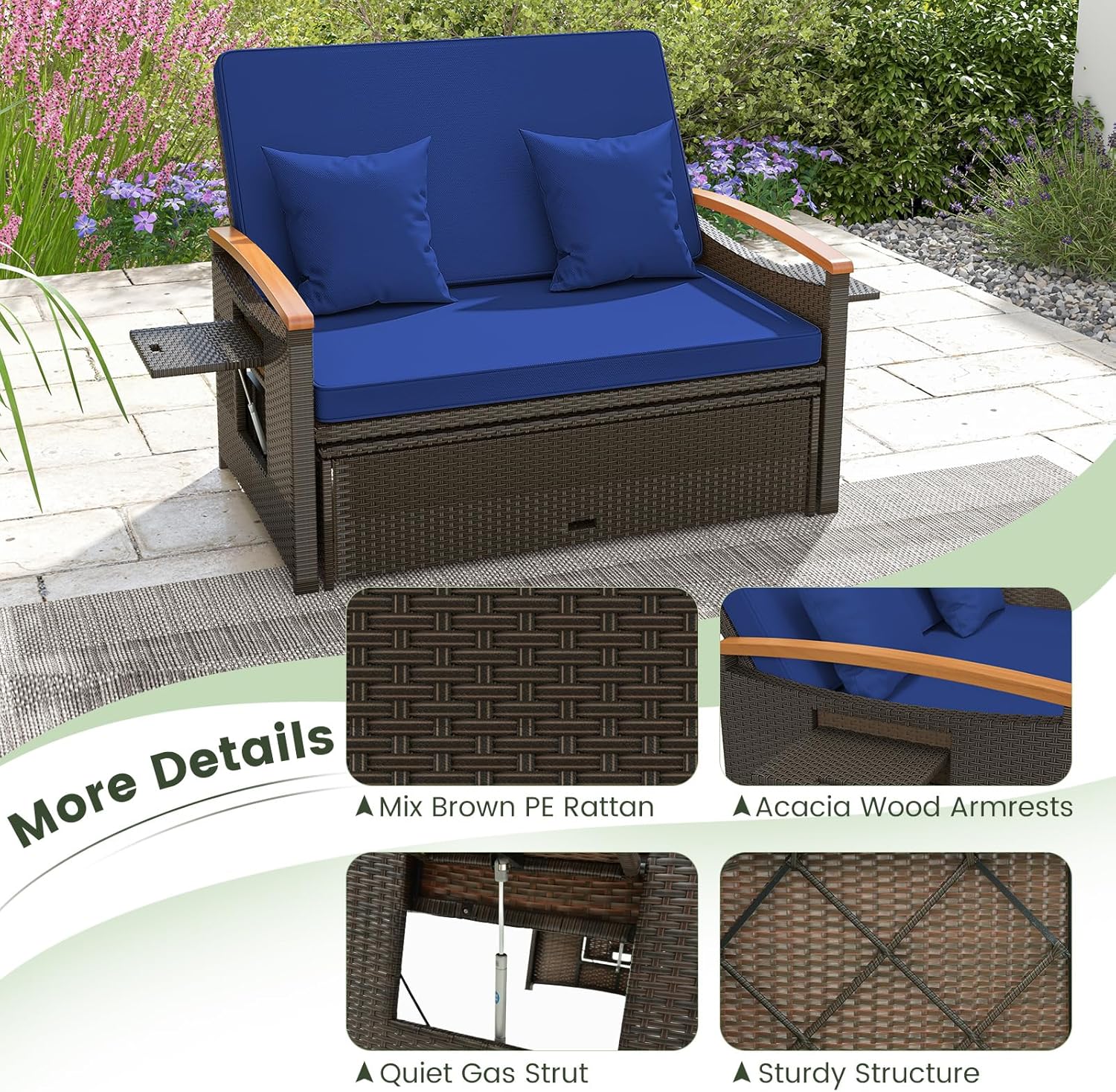 Patio Wicker Sun Lounger Daybed Adjustable Outdoor Sofa Navy