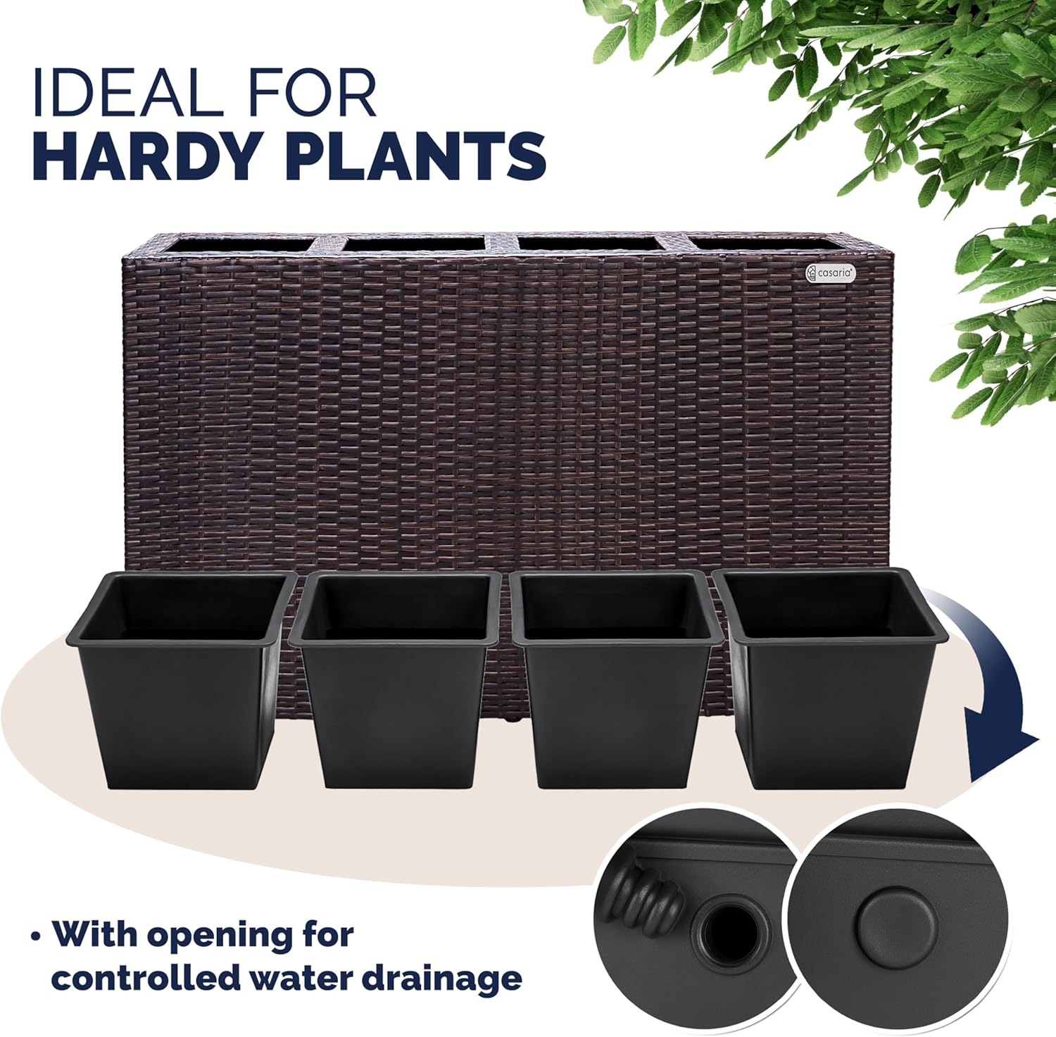Large Tall Rattan Planter Box 95cm Brown with 4 Pots