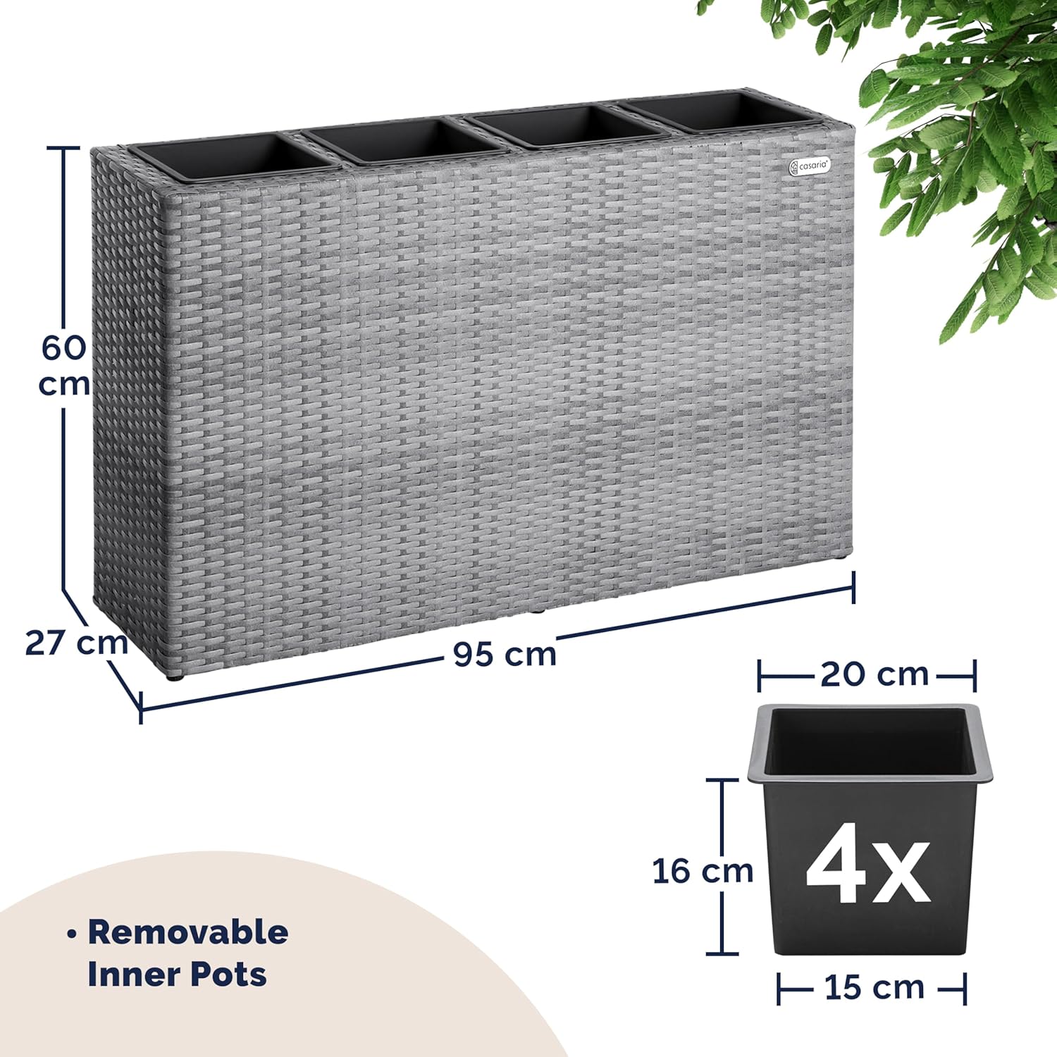Large Tall Rattan Planter Box 95cm Grey with 4 Inner Pots