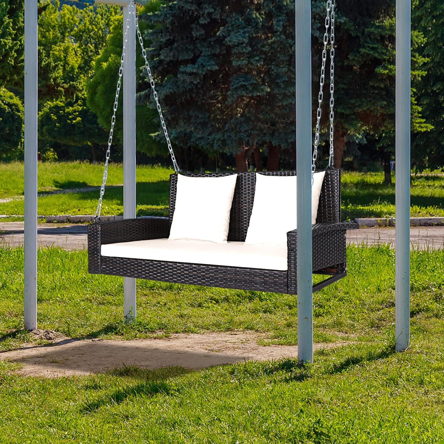 2 Person Rattan Swing Bench with Stand White Cushions