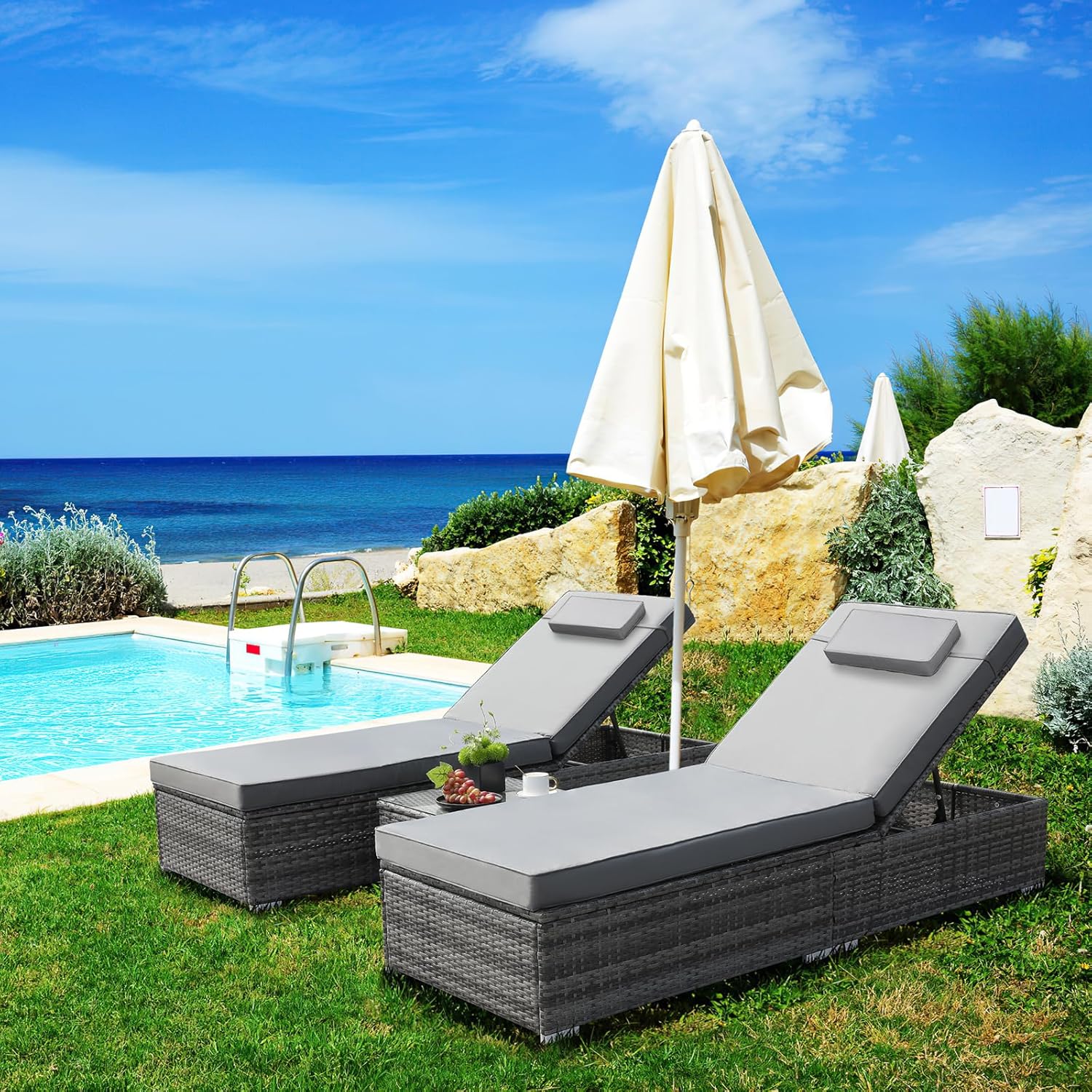 3 Piece Rattan Sun Lounger Set Recliner Day Bed Table Grey