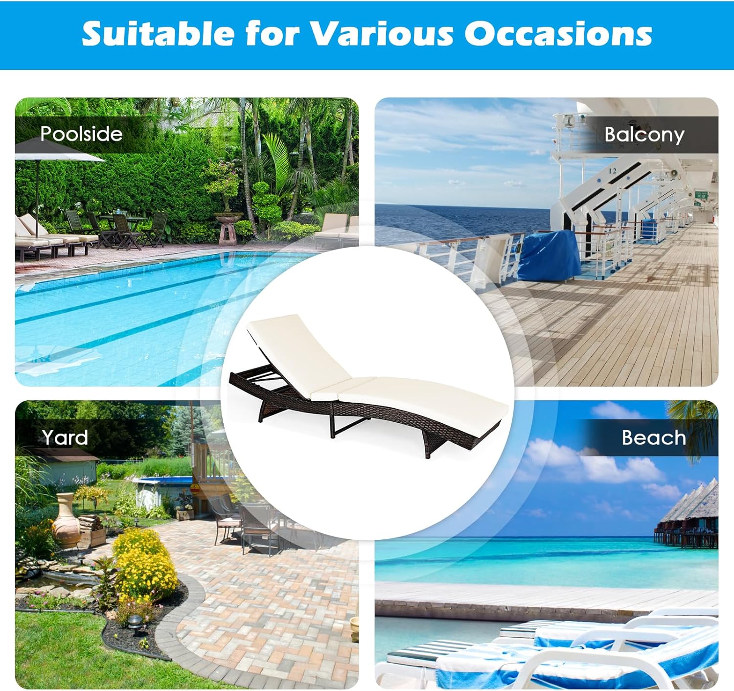 Folding Rattan Sun Lounger 5 Position Cushion White