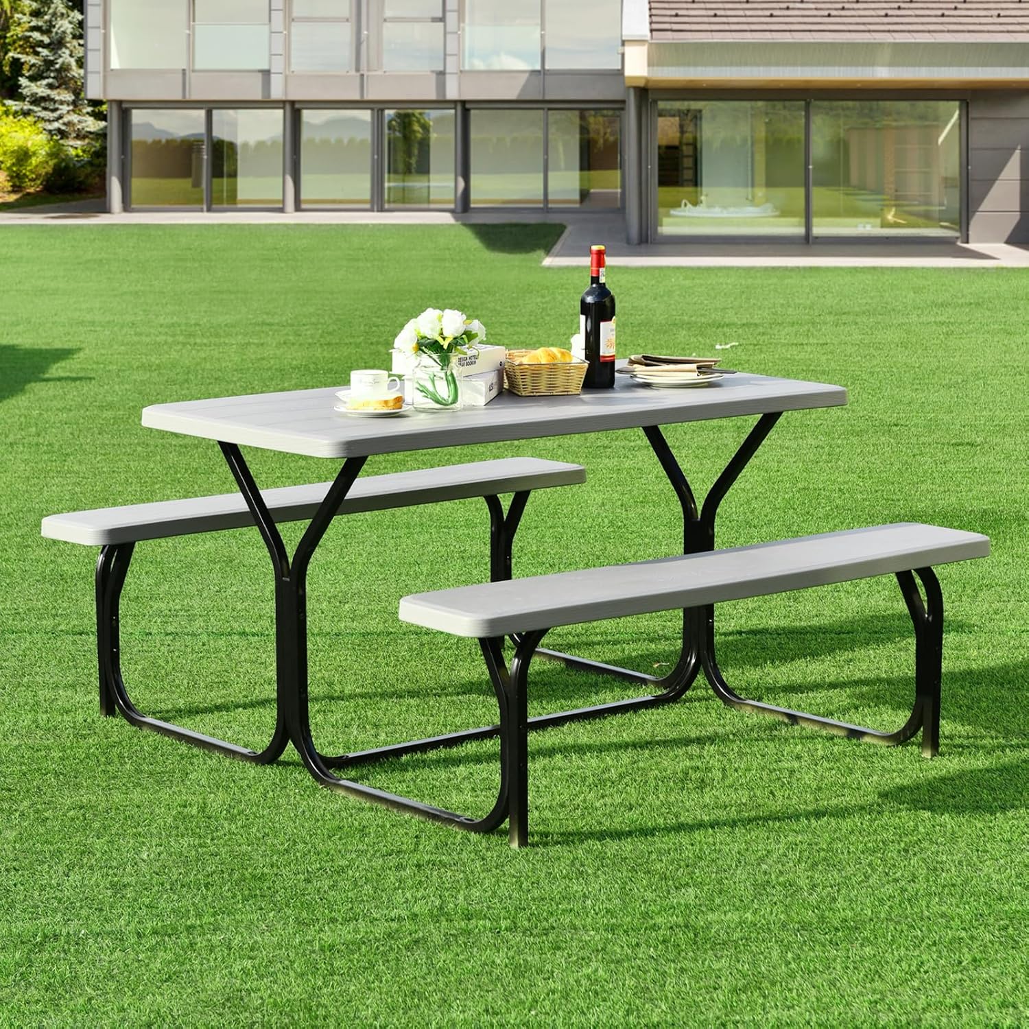 Outdoor Picnic Table Bench Set HDPE Garden Dining Grey