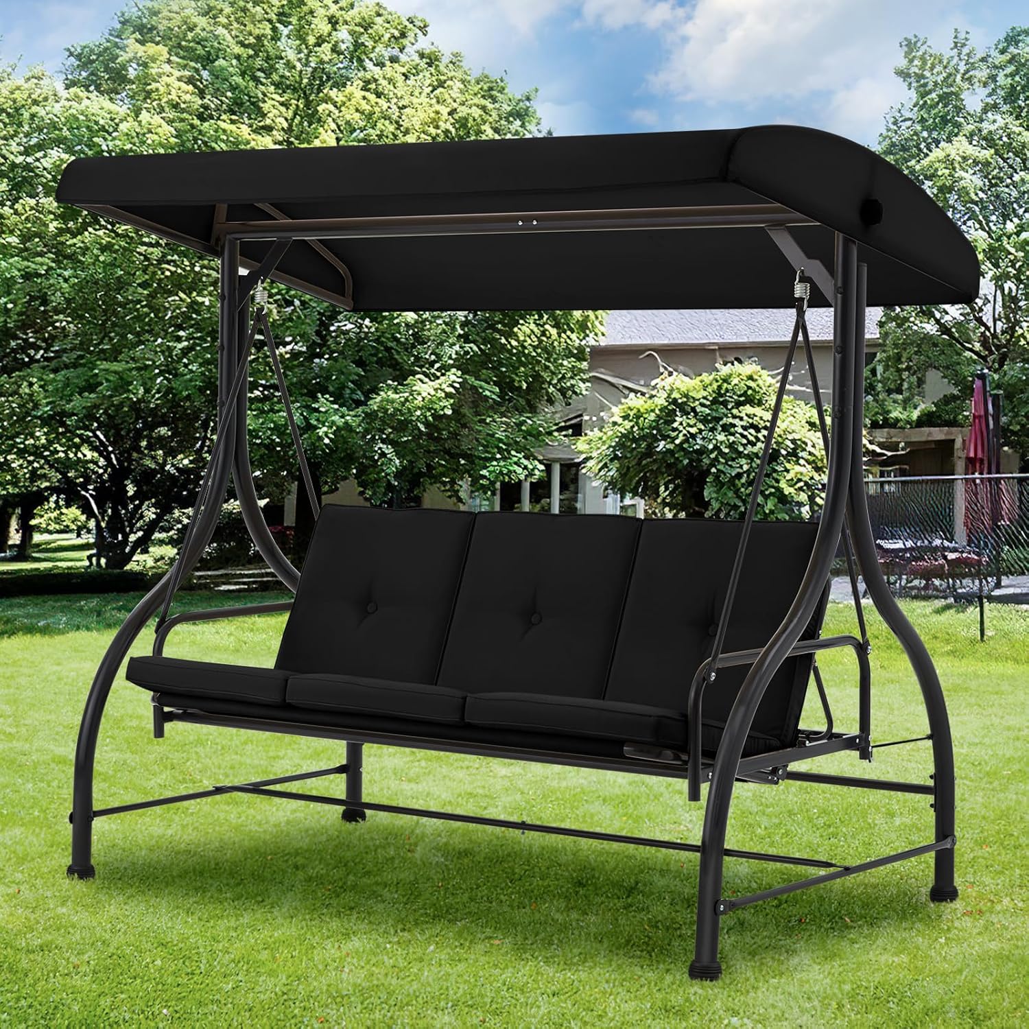 3 Seater Garden Swing Bed Black Canopy Cushion Steel
