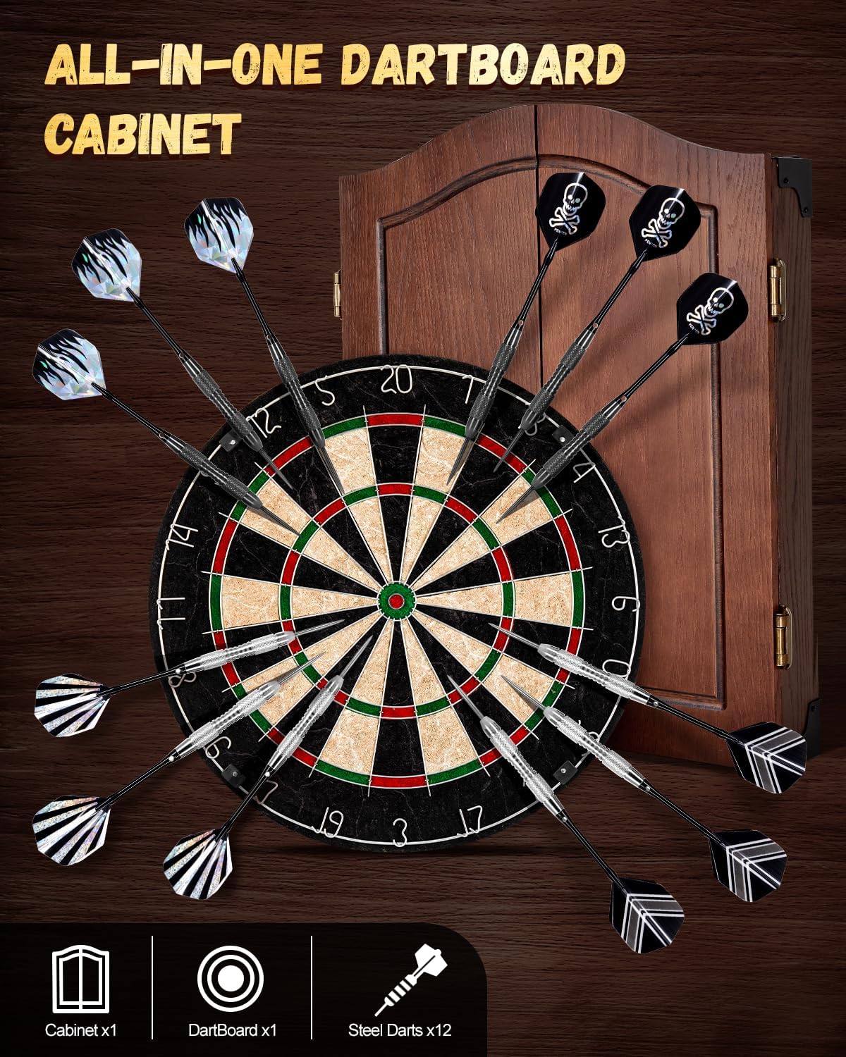 18in Dartboard Cabinet Set Sisal Board Wood Case 12 Darts Score