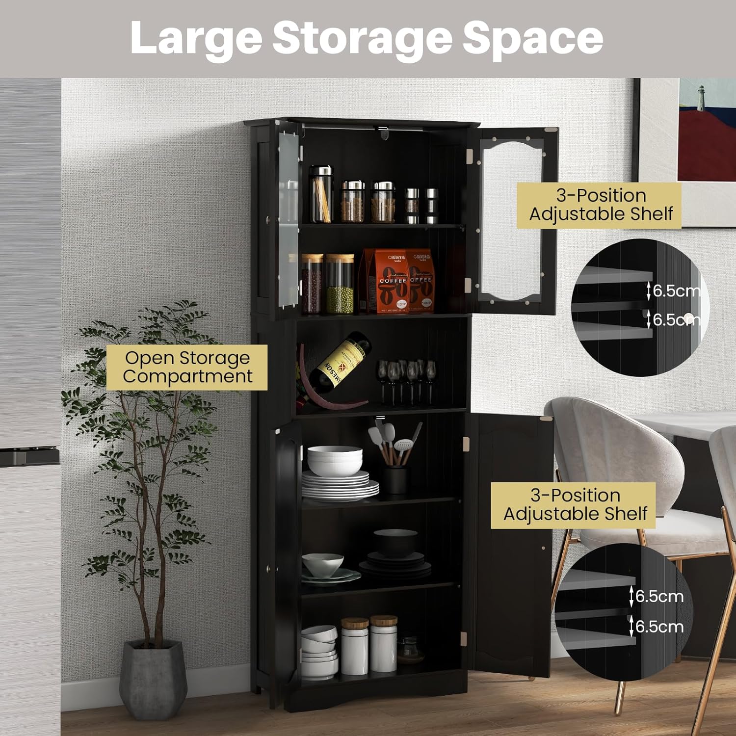 Tall Black Storage Cabinet Frost Glass Door Shelf Unit