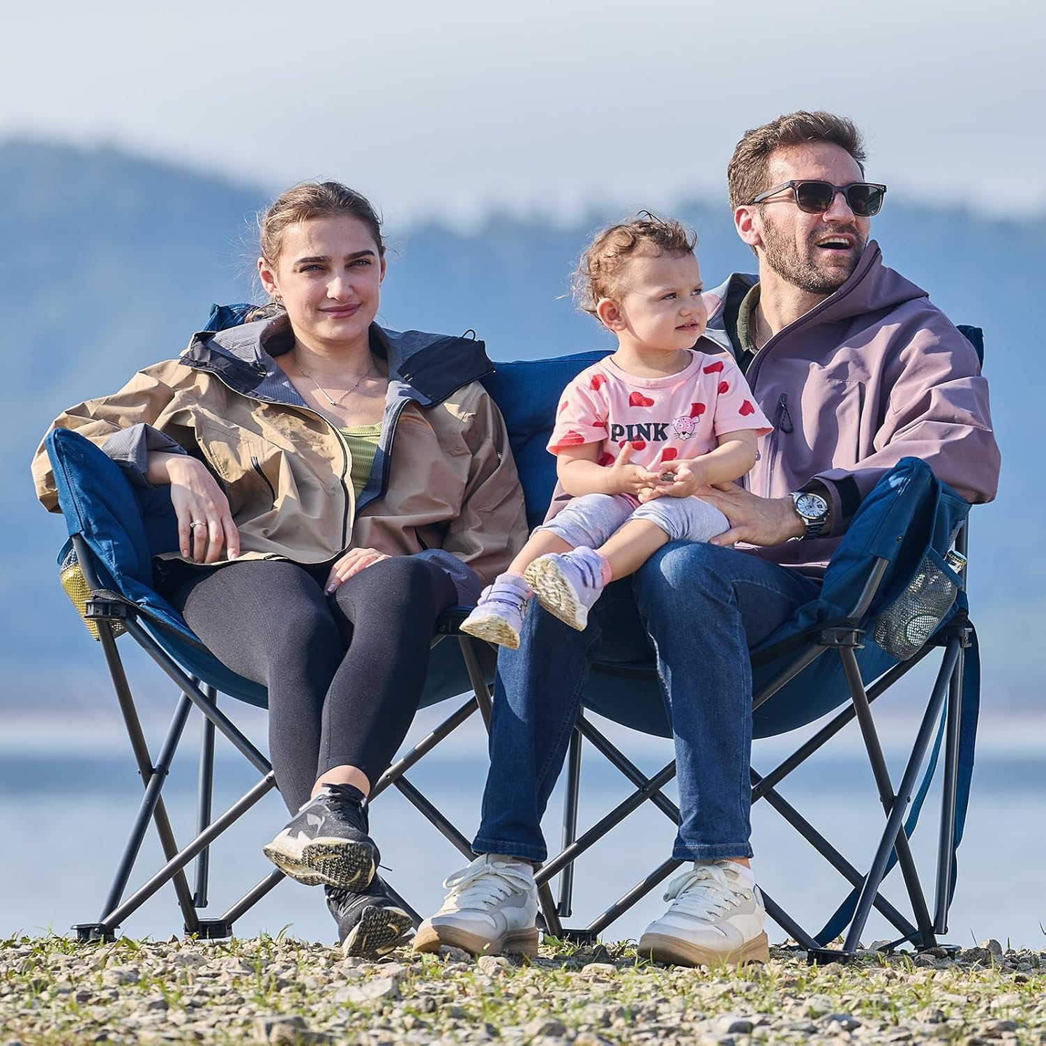Double Folding Camping Sofa Chair 320kg Padded Blue