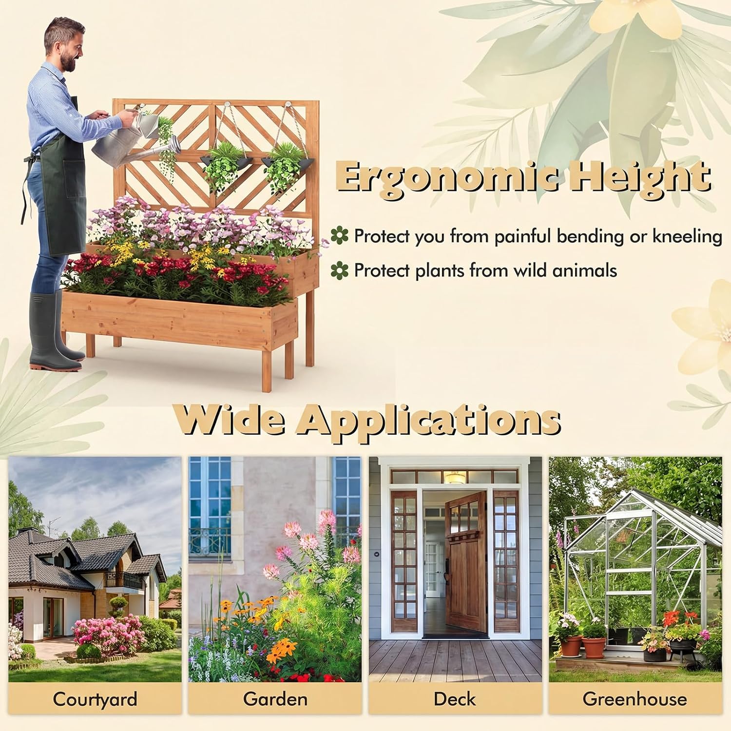 Wooden Raised Garden Planter with Trellis 2 Tier Plant Bed 135cm