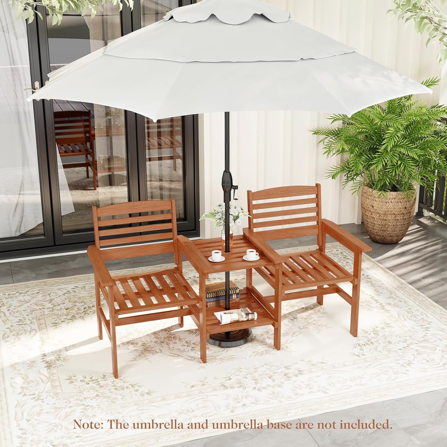 2 Seater Wooden Garden Loveseat Bench w/Table & Parasol Hole
