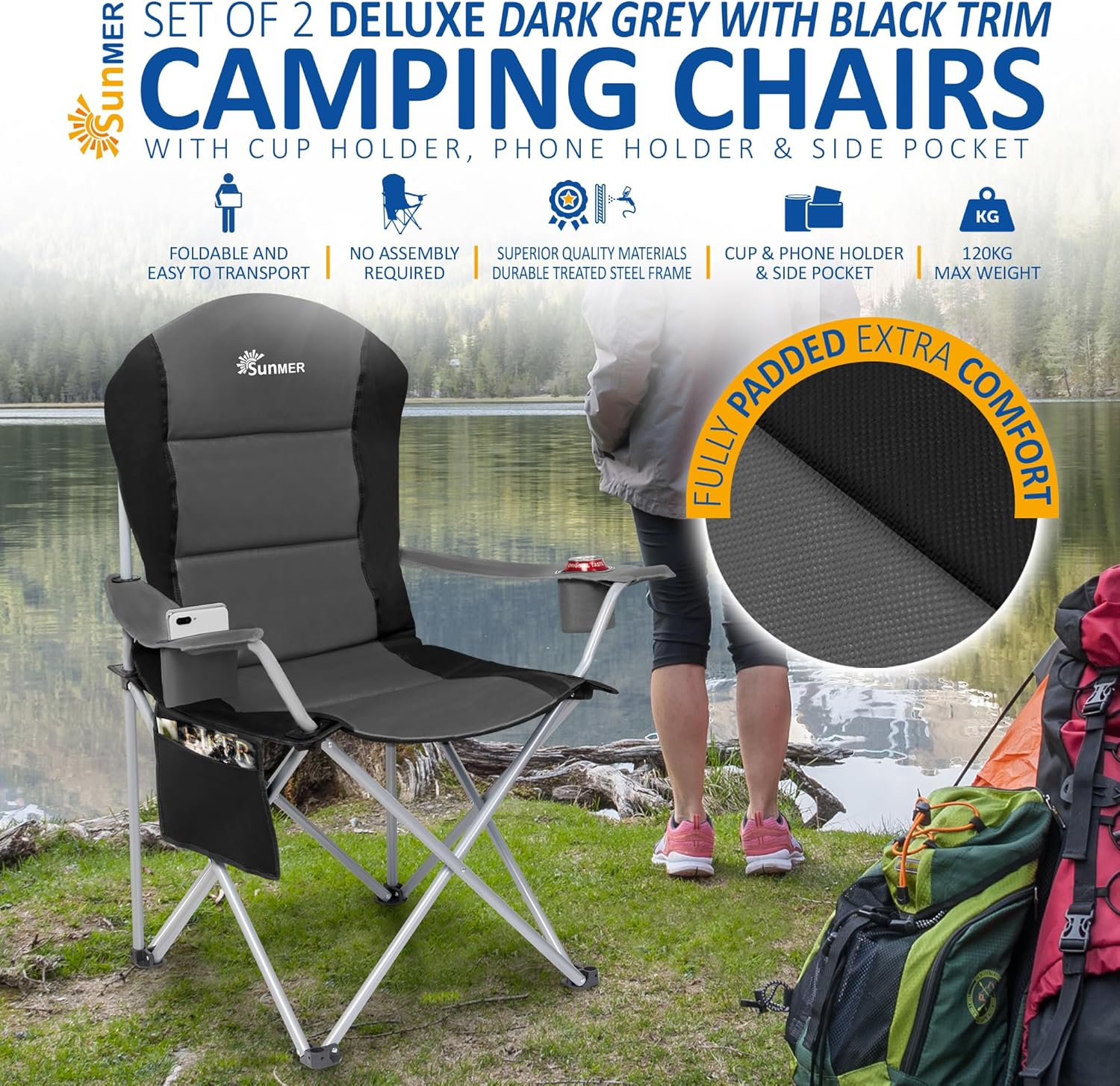 Padded Camping Chairs 2 Pack Deluxe Folding Chairs Grey