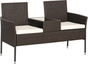 2 Seater Rattan Garden Bench with Glass Table Patio Love Seat
