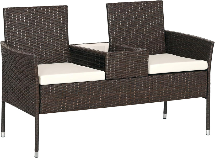 2 Seater Rattan Garden Bench with Glass Table Patio Love Seat