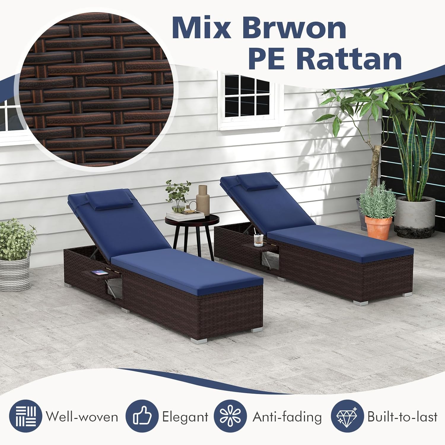 Rattan Sun Lounger Adjustable Garden Chaise with Cushion Table Navy