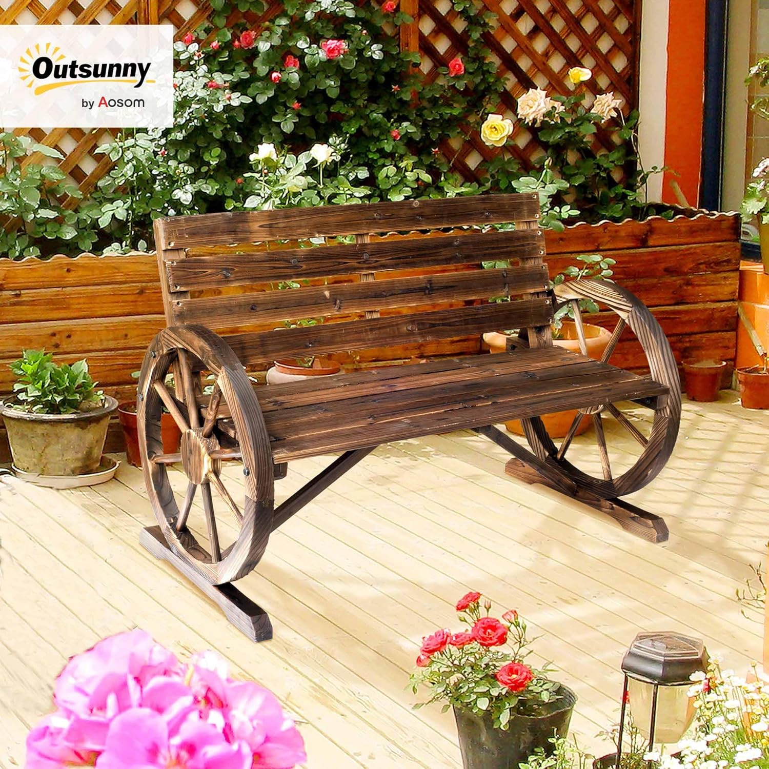 Rustic Wooden Garden Bench 2 Seater Wagon Wheel Armrest Patio Seat