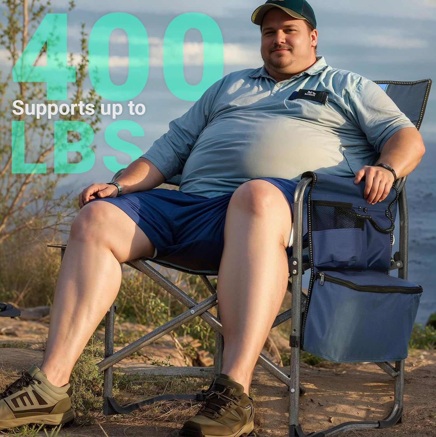 Heavy Duty Folding Camping Chair 180kg Cooler Table Blue
