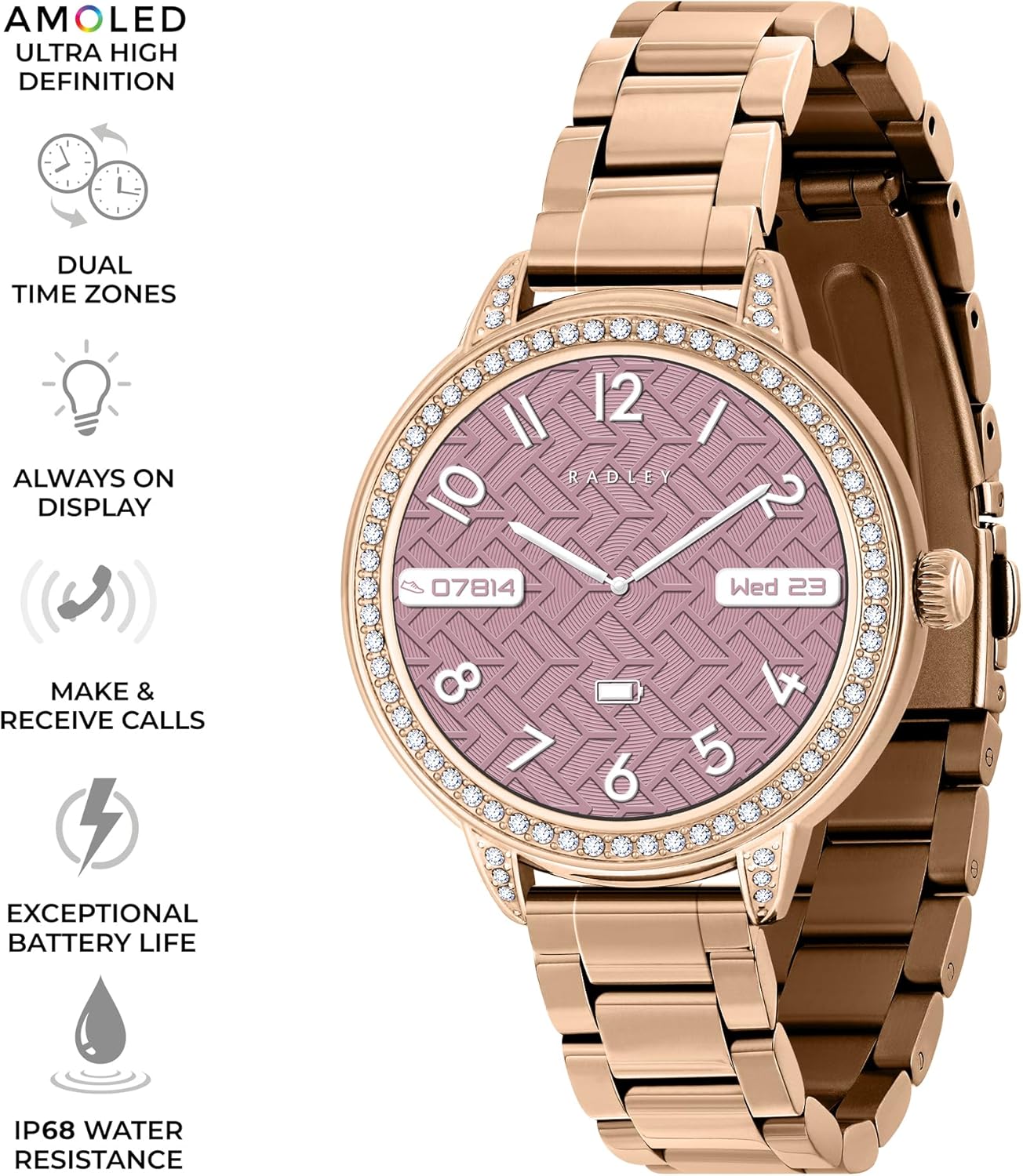 Rose Gold Ladies AMOLED Smart Watch Fitness Tracker Heart Rate Monitor