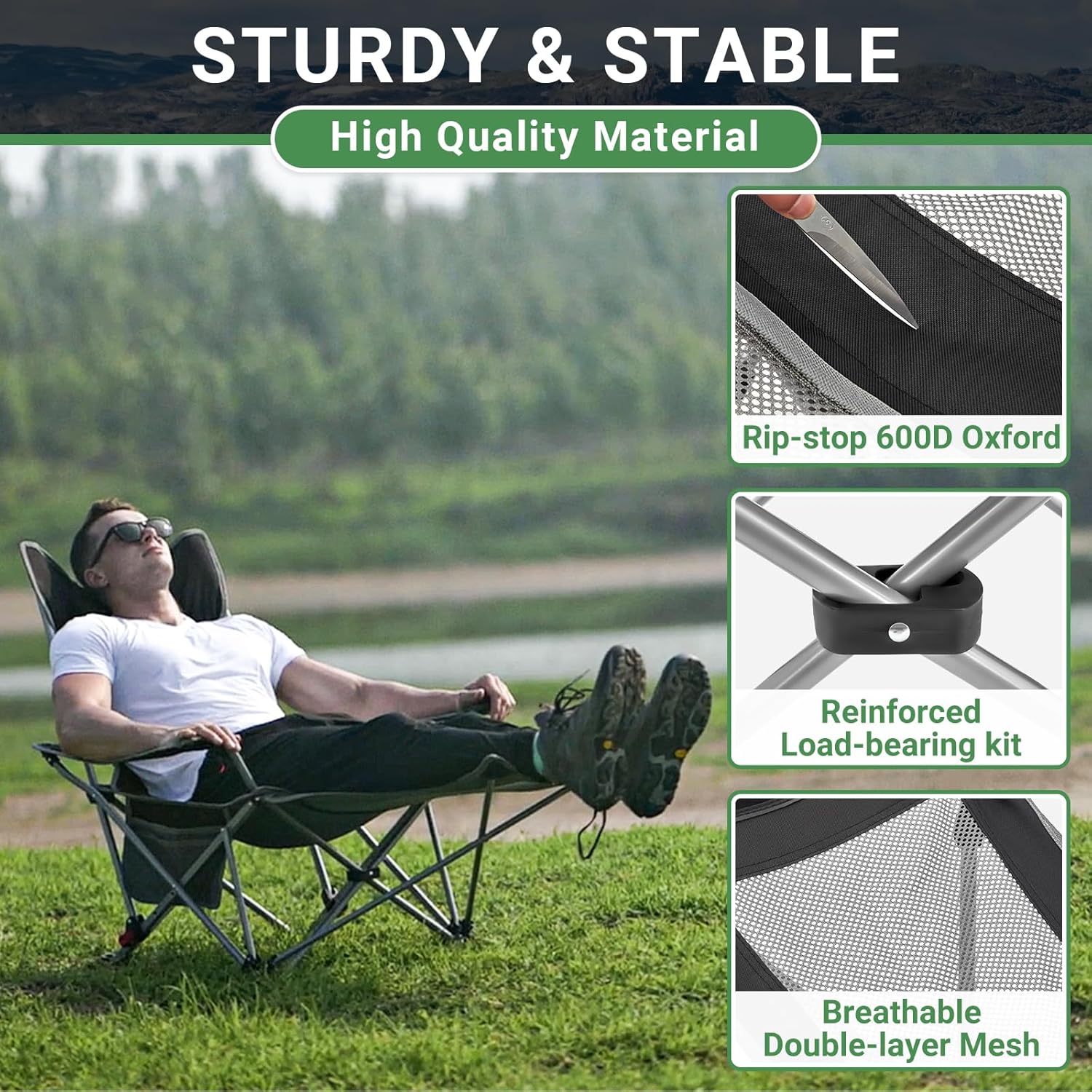 Set of 2 Reclining Camping Chairs with Footrest