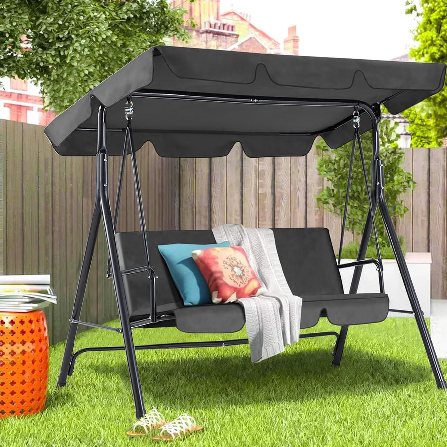 3 Seater Garden Swing Bench Grey Canopy Cushion Steel Frame