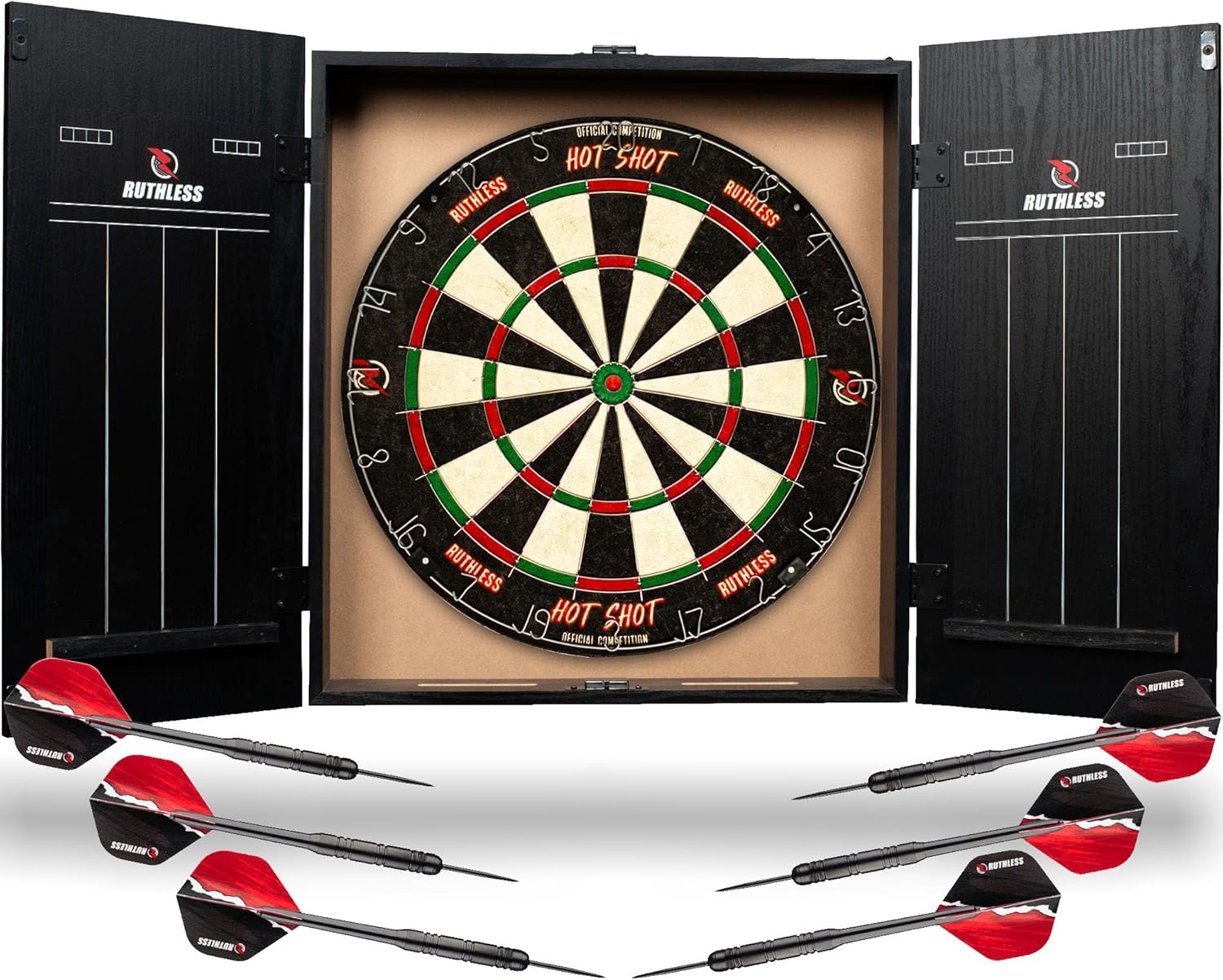 Dart Board Cabinet Set LED Light Scoreboard 2 Darts Wood Home