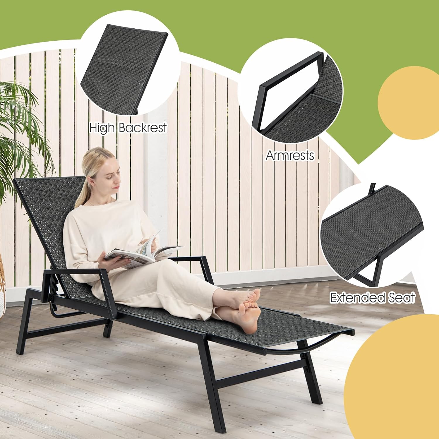Rattan Sun Lounger 5 Position Recliner with Armrests