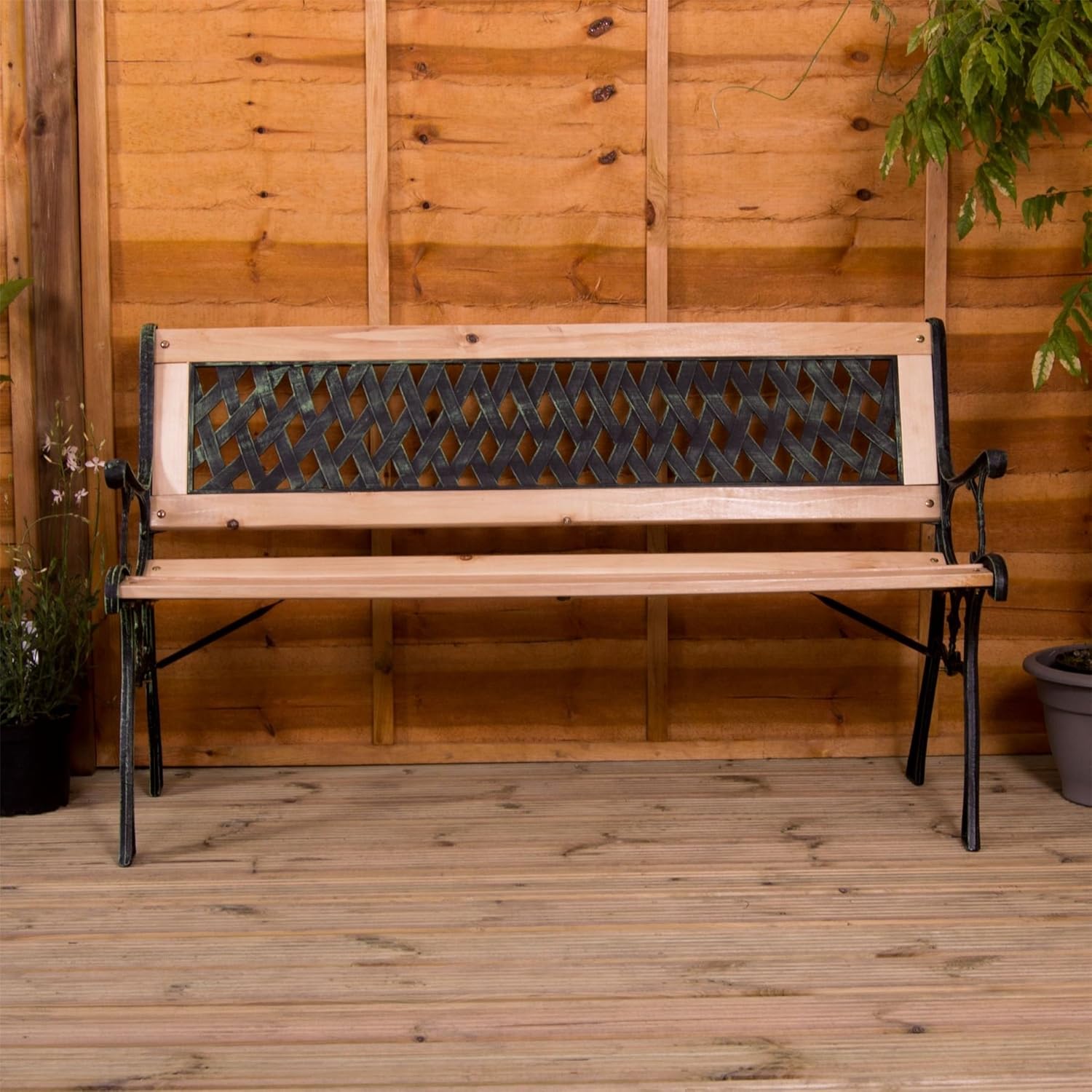 3 Seater Wooden Garden Bench Cast Iron Frame Cross Back Patio Seat
