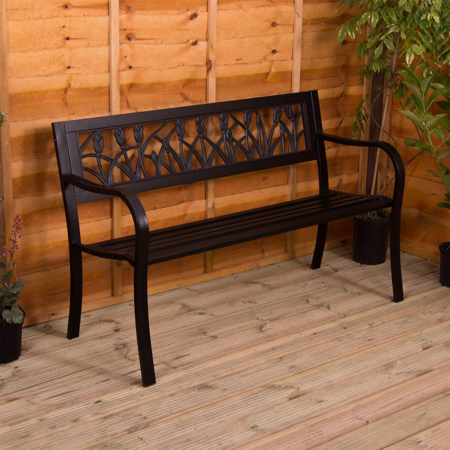 3 Seater Metal Garden Bench Tulip Back Outdoor Patio Park Seat