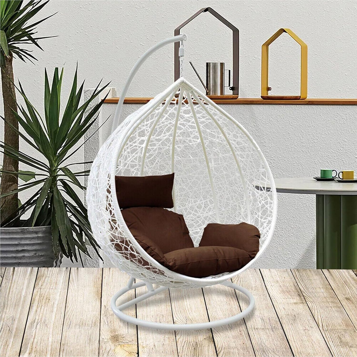 Rattan Hanging Egg Chair with Stand White Brown