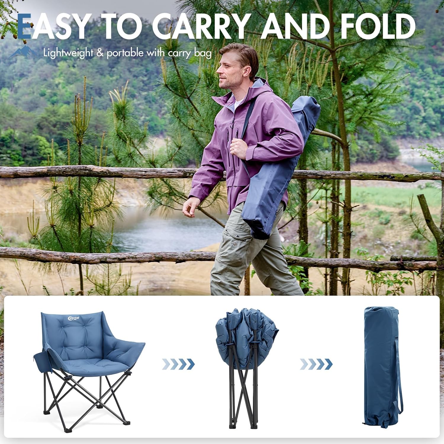 Padded Tub Camping Chair Wide Seat 150KG Blue