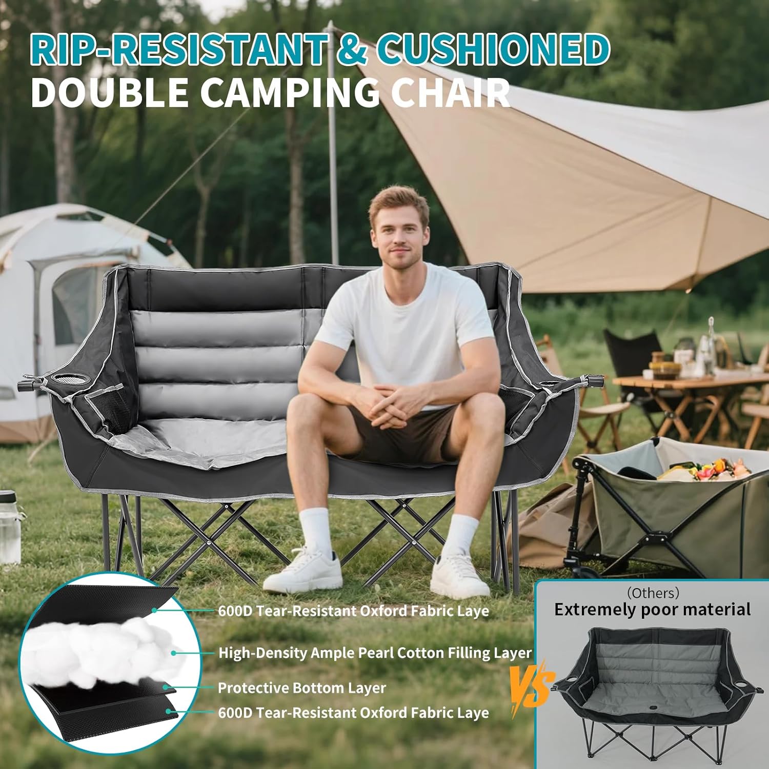 Double Camping Chair 2 Seater Padded Folding Sofa Black