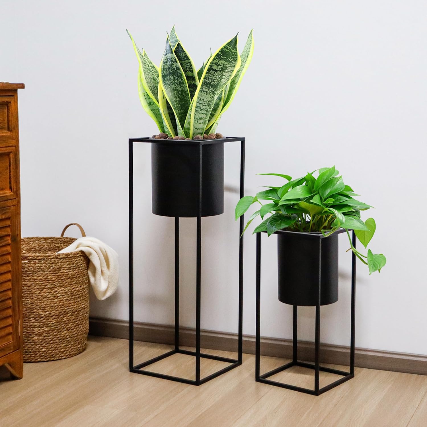 Black Metal Planters with Stand Set of 2 Tall Pots 70cm 45cm