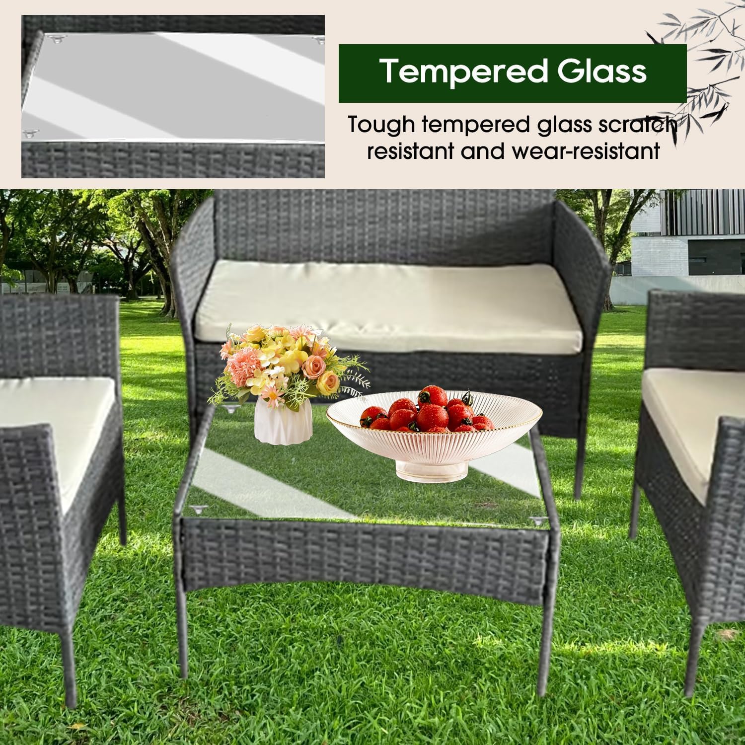 Rattan Garden Furniture Set 2 Chairs Loveseat Table Cushions