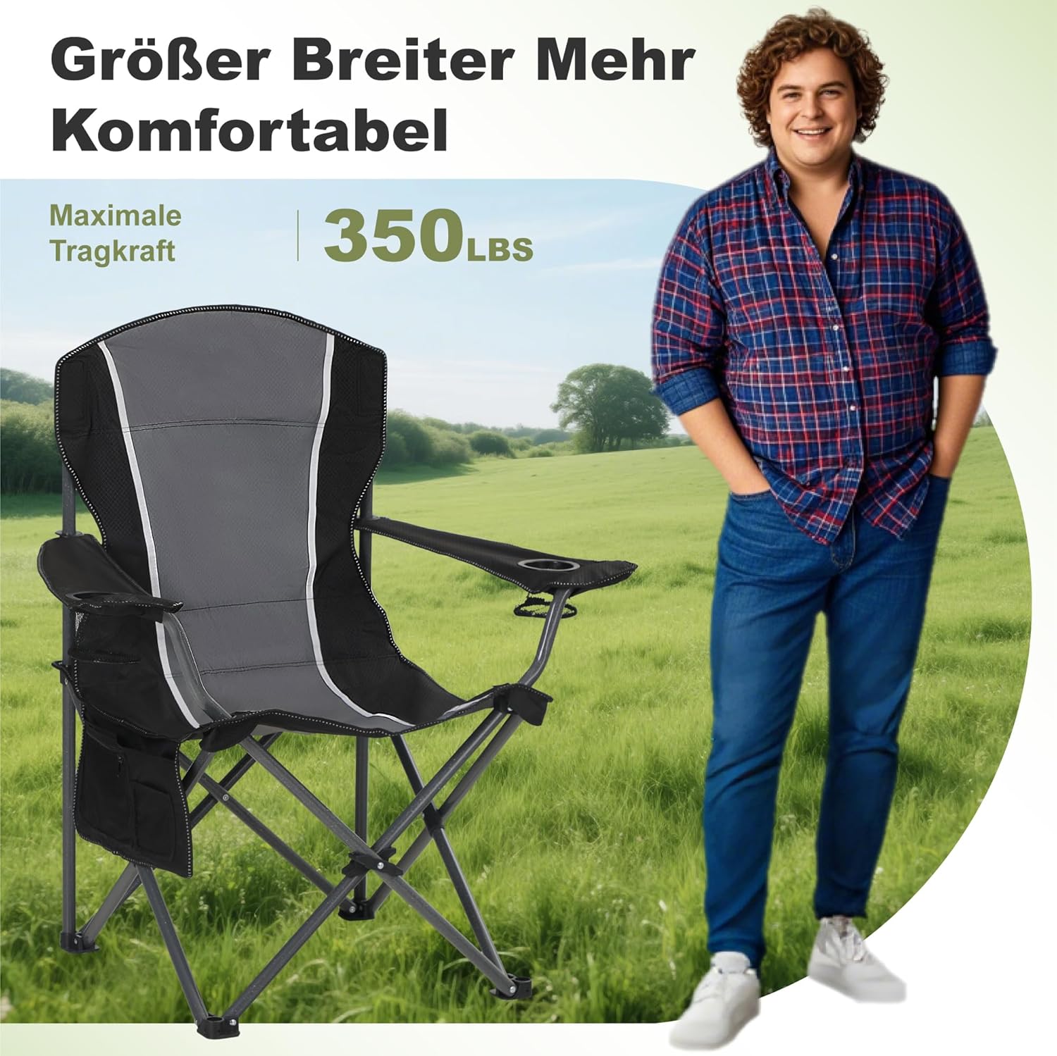 XL Folding Camping Chair Heavy Duty 160KG Black