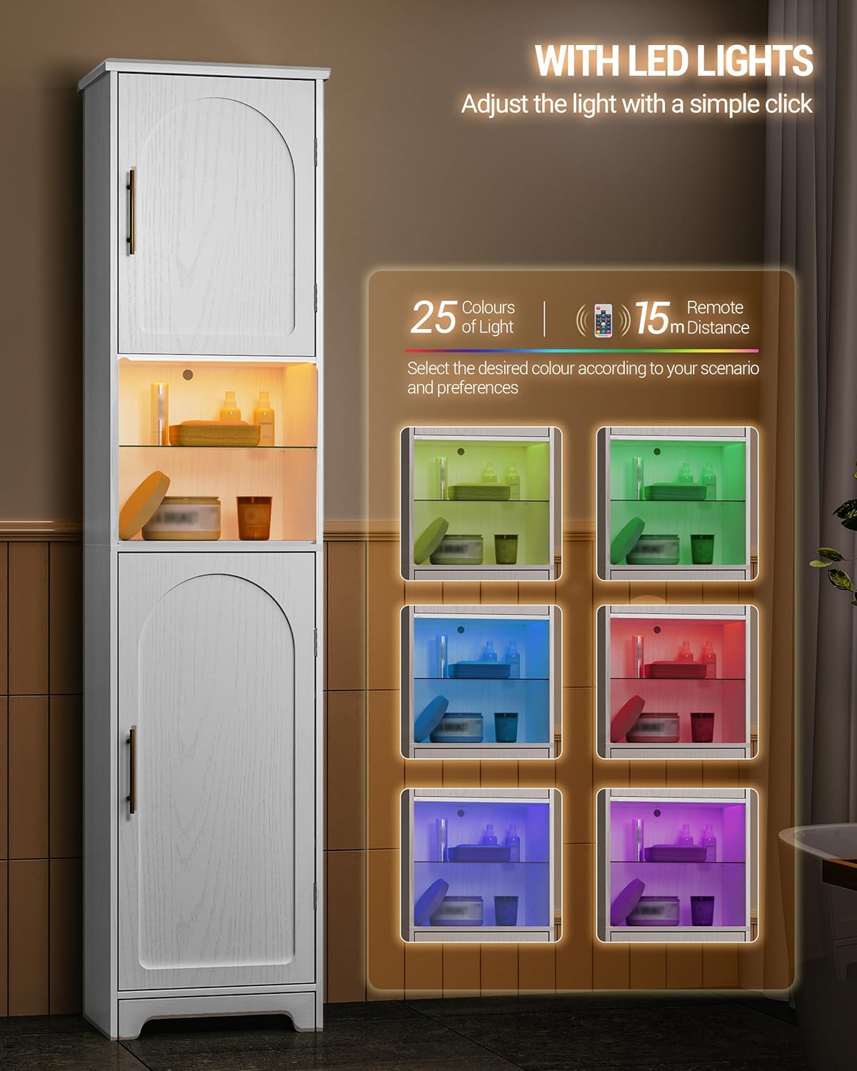 LED Tall Bathroom Storage Cabinet 2 Door White 170cm
