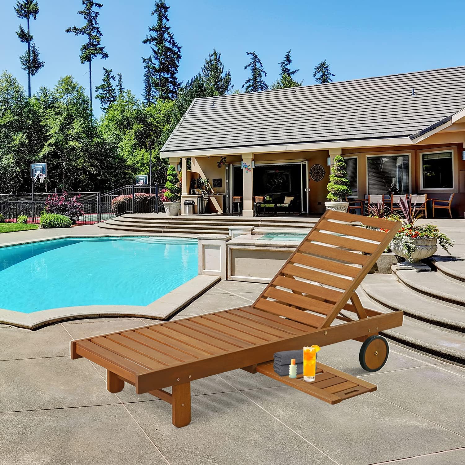 Wooden Outdoor Lounger Chair with Pull Out Tray Natural Patio